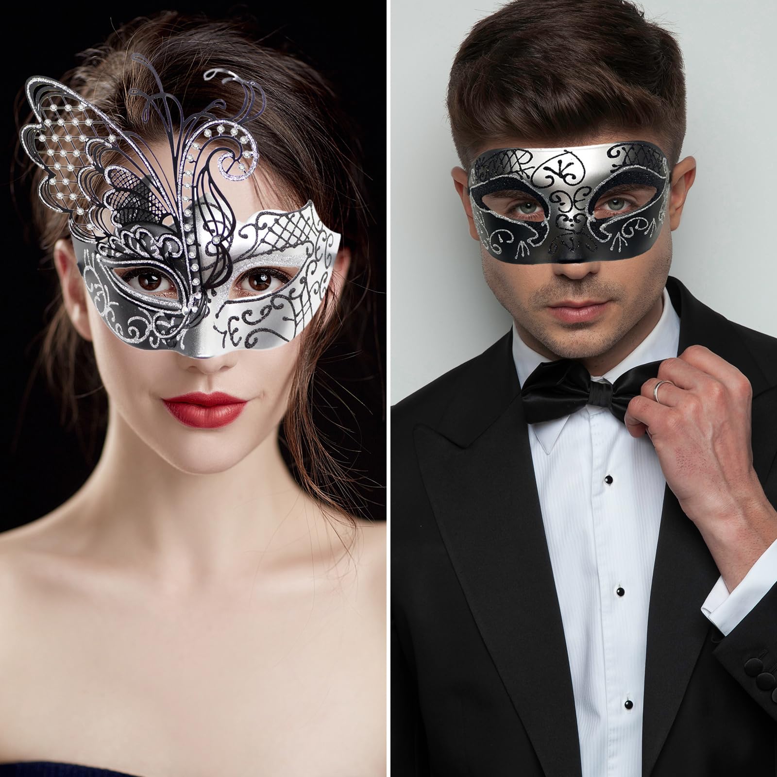JewelryWe Venetian Carnival Pair Mask: 2 Pieces Ball Masks for Men Women Party Cosplay, Butterfly Silver - Image 4