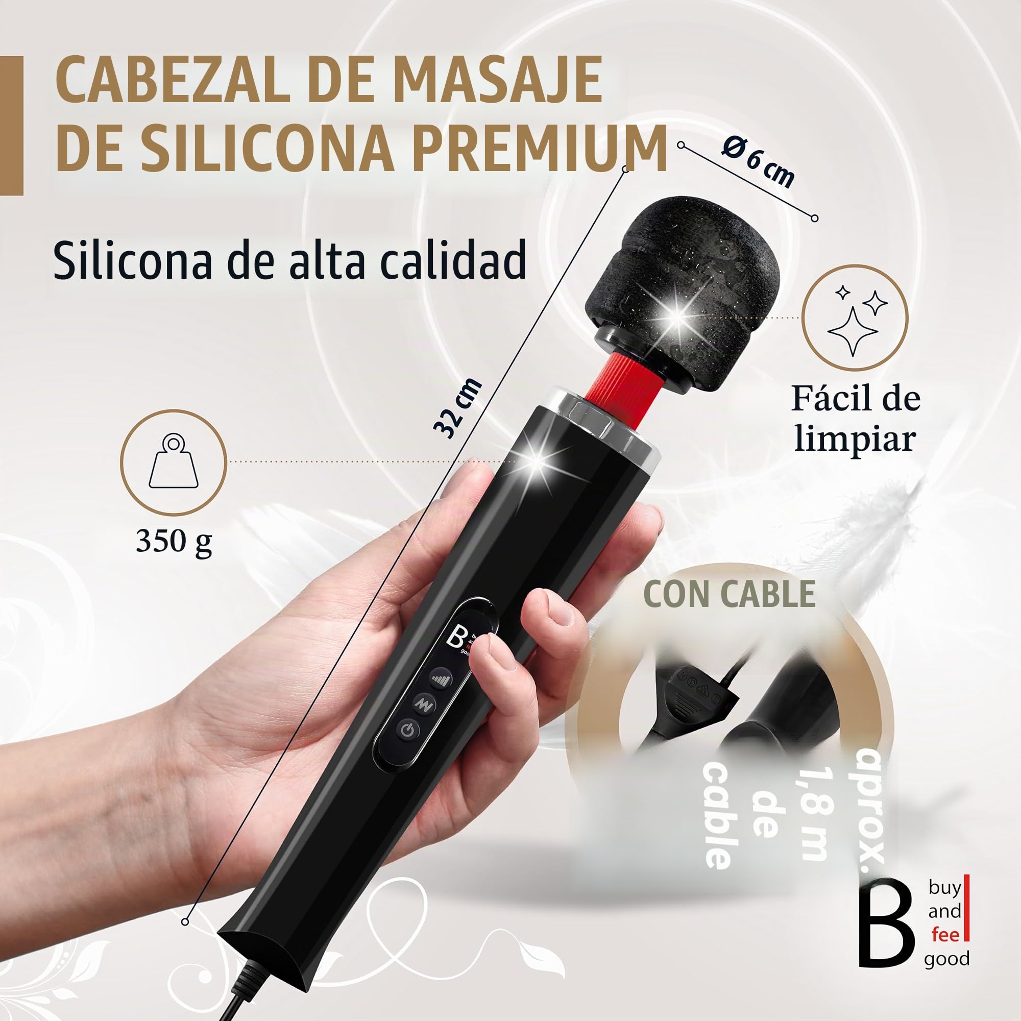 NUEVO - MODELO SUCESOR del ORIGINAL de "BuyAndFeelGood" - Mejor Magic Wand Massager de 7000-12000 revoluciones - REGULADOR DE VELOCIDAD EXTRA - Masajeador dildo, vibrador con cable, negro