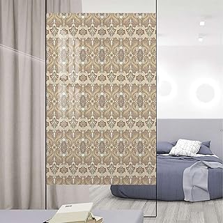 Beige Self-Adhesive Privacy Glass Window Film Oriental Pattern Paisley Design Print Window Film Non-Adhesive Frosting Privacy Film Plaid Tiles Geometric 35.4Wx78.7L-inch