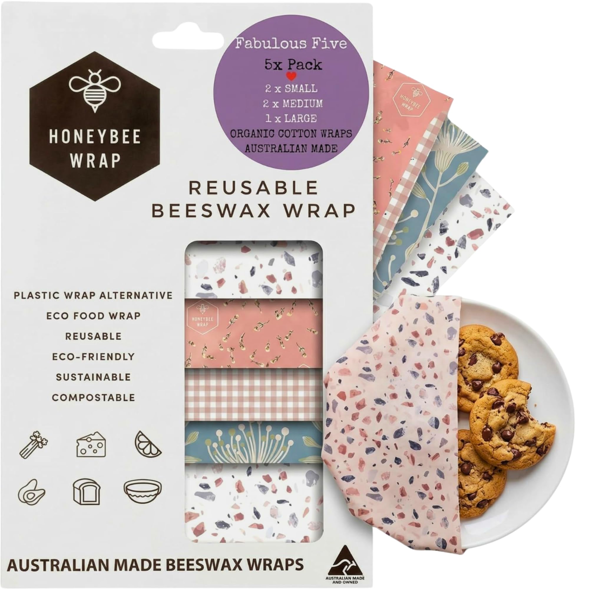 Reusable Beeswax Wraps for Food | 5 Pack | Eco Friendly, Organic, Biodegradable, Plastic Free, Bee's Wrap Bowl Covers and Food Storage | Cling Wrap Alternative