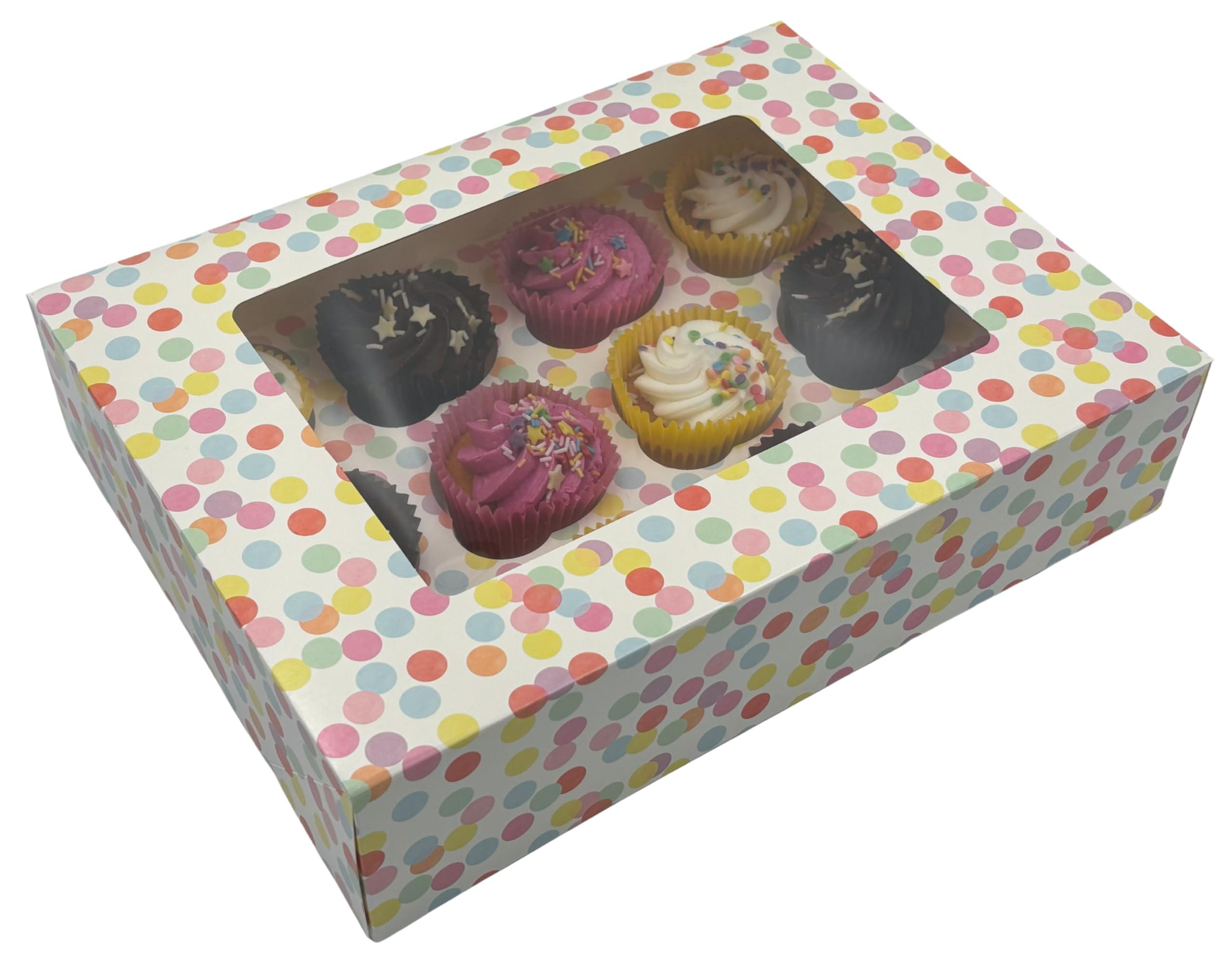 SwiftPick Home 3 Pack 12 Hole Cupcake Boxes |Multicoloured Polka Dots | Cupcake Boxes With Clear Window | Removable Tray Insert | 32 x 24 x 7.5cm | For Cupcakes, Muffins, Pies, Cakes