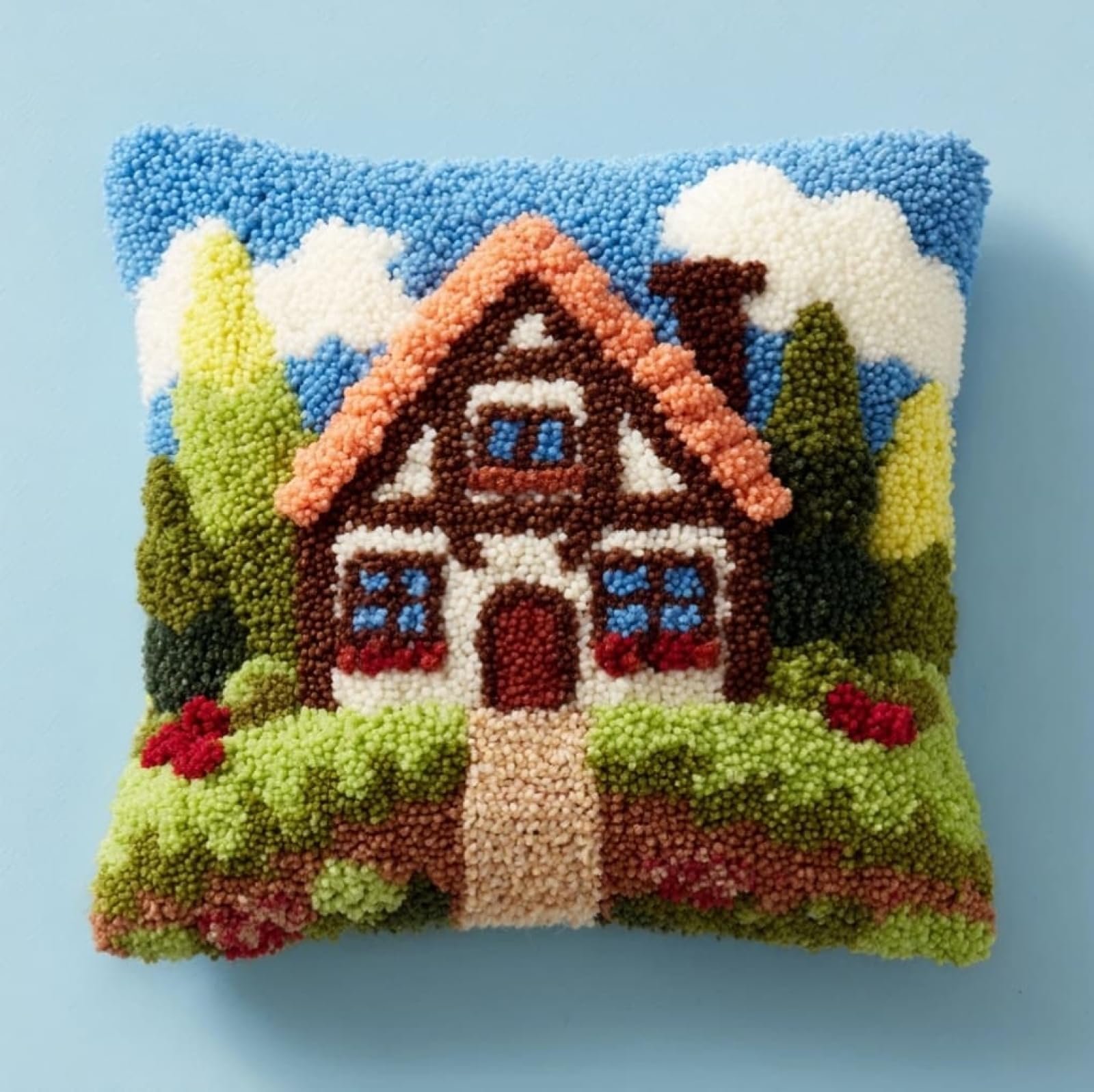 AxiangziK Latch Hook Pillow Making Set,Cartoon House 43x43cm DIY Sofa Cushion Kit Suitable for Beginners and Experienced Crafters