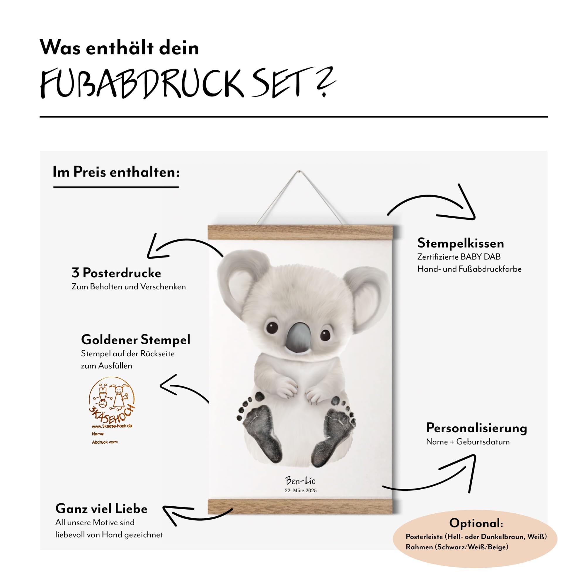Personalisiertes Baby Fußabdruck Poster im Skandi Boho beige Stil Babyfußabdrücke auf Tier Geschenk Geburt Taufe 1. Geburtstag Junge Mädchen (Koala, DIN A4 - bis ca. 6 Monate)
