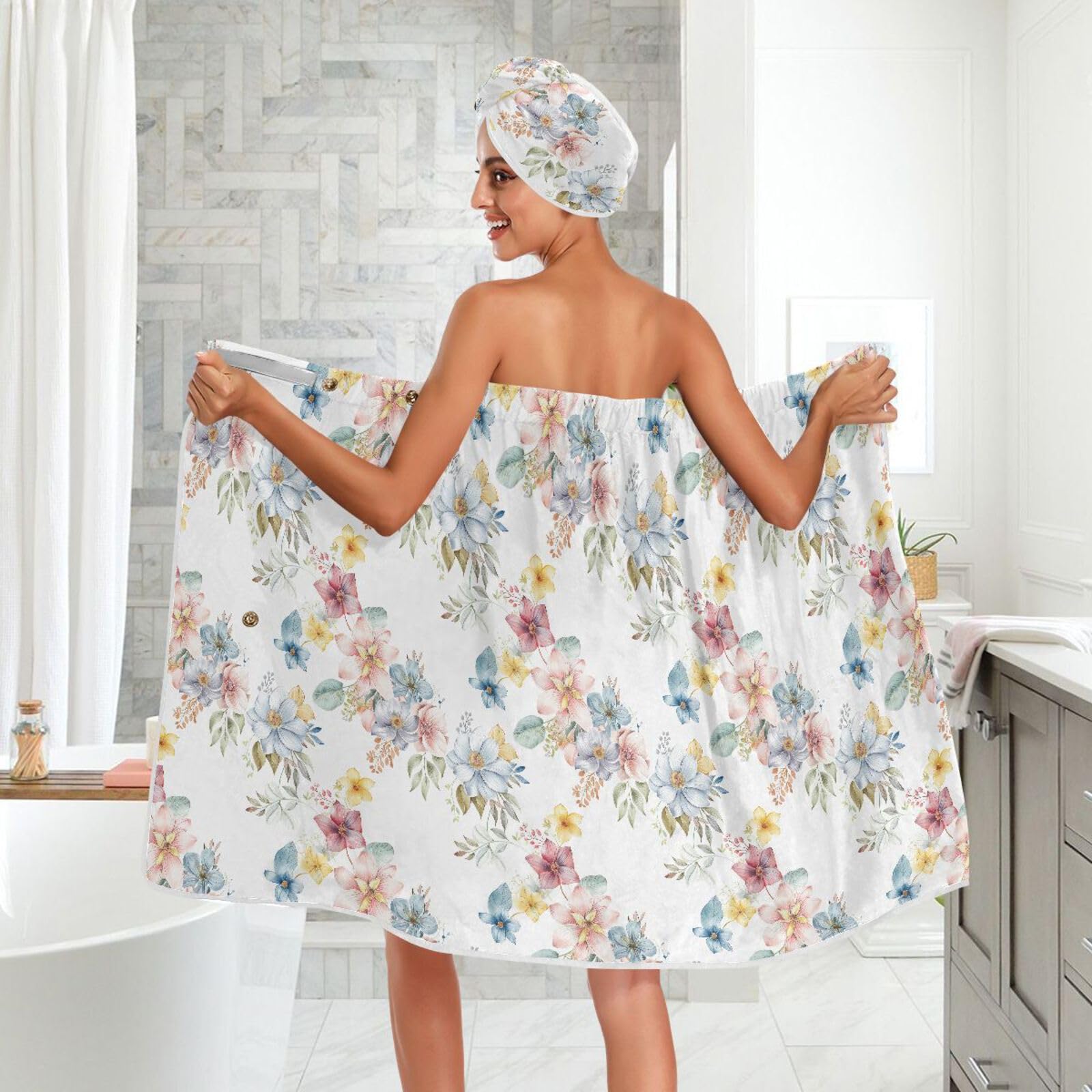 Elegancki kwiatowy wzór damski ręcznik owijany 3 zestawy regulowane zamykanie szybkoschnący ręcznik szlafroki dla kobiet spa, szlafrok + suszenie włosów + opaska na głowę