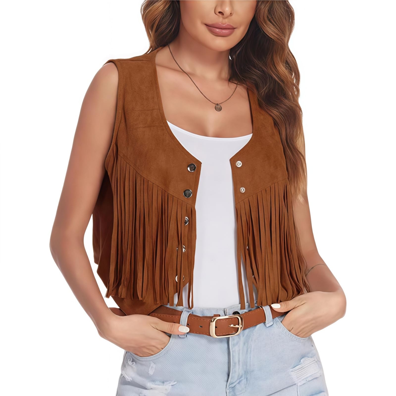 Sleeveless Fringed Jackets for Women, Faux Suede Sleeveless Fringe 70s Cowgirl Vest, Plain Casual Open Front Y2K Cardigan Tassel Waistcoat Gilets for Country Concert Western Fancy Dress Rodeo Costume