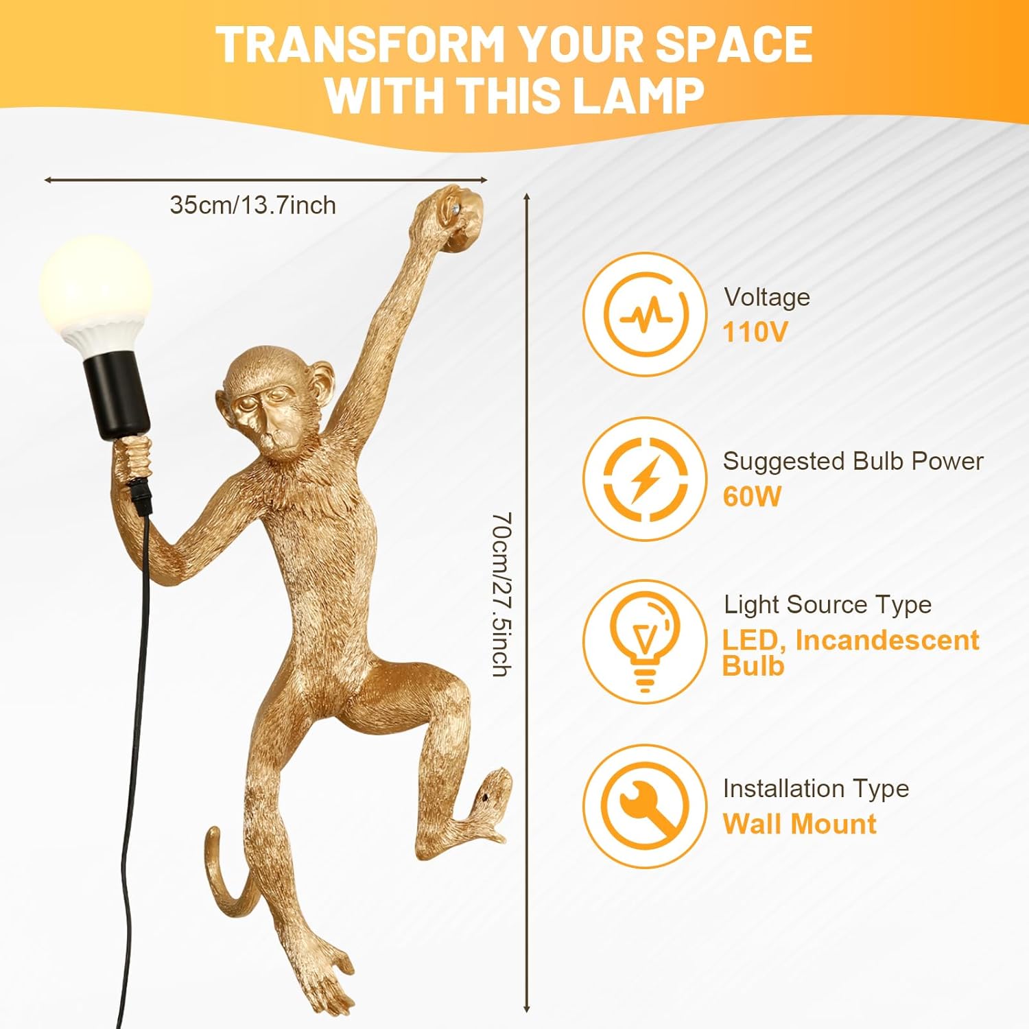 Monkey Wall Lamp, Creative Monkey Shape Plug in Wall Sconces, Resin Retro Indoor Decorative Animal Light Fixture for Bedroom, Living Room, Childrens Room and Home Decoration