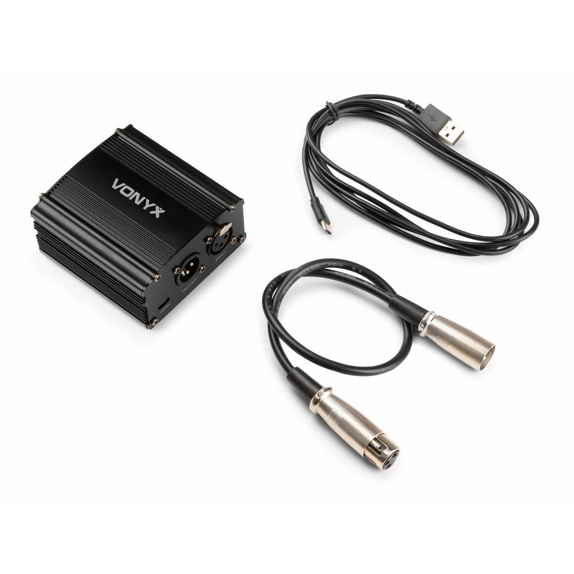 Vonyx VDX10 - Fuente de alimentación Phantom de 48 V para micrófono de Condensador, alimentación por USB-C, Entrada y Salida XLR balanceadas, compatibilidad Universal, Color Negro