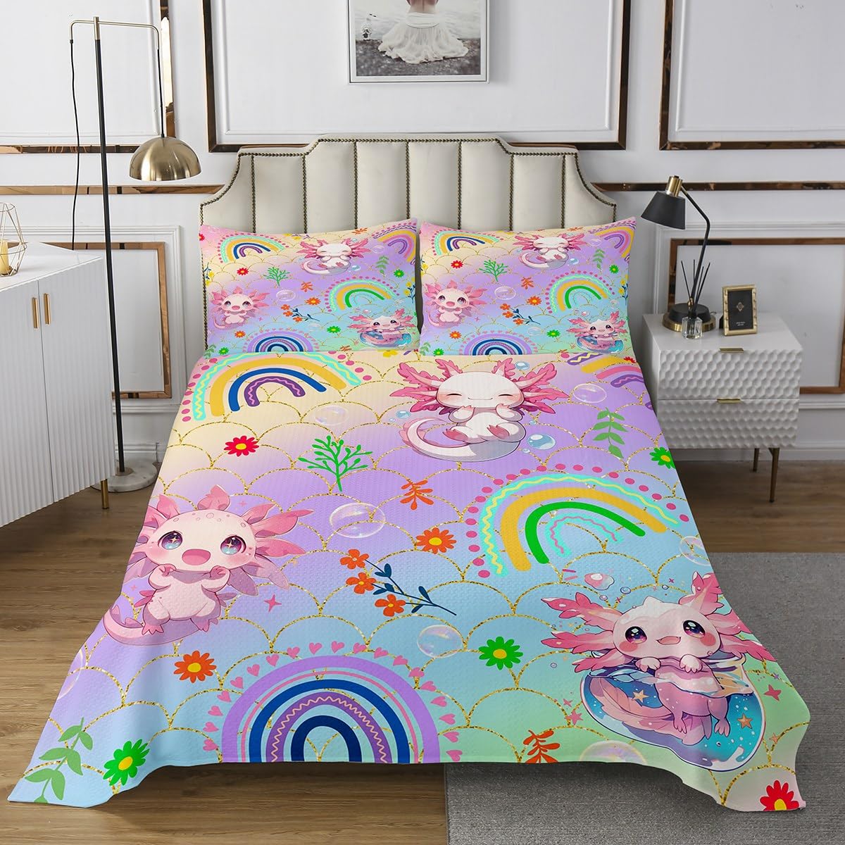 Manfei Cute Axolotl Quilt Bedding Set King,Cartoon Salamander Rainbow Kids Boys Girls Coverlet Bedspread,Cute 3D Ocean Animal Bedding Bed Cover,Gradient Scale Printed Bedspread Set (1 Quilt+ 2 Shams)