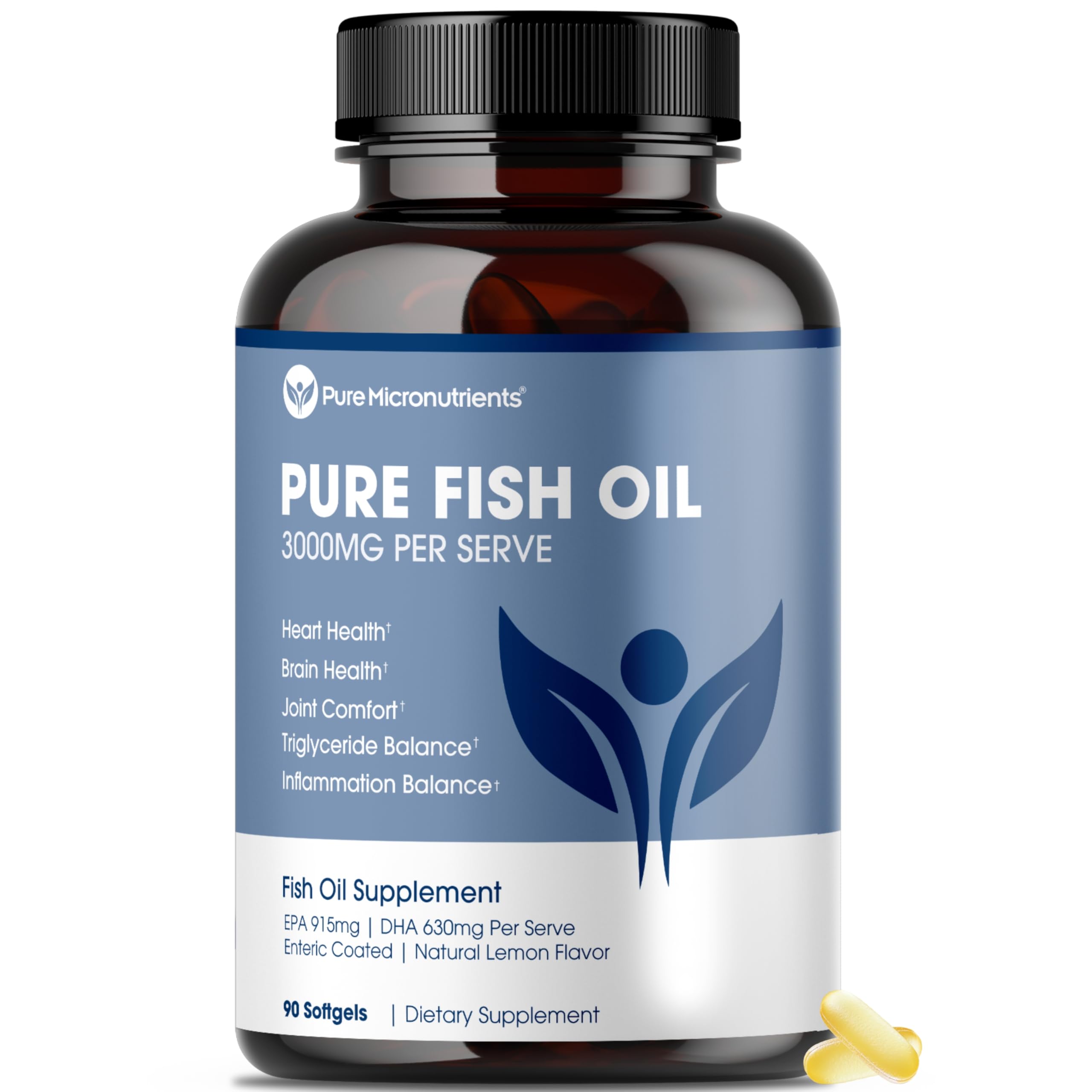 Omega 3 Fish Oil Supplement, EPA/DHA Fatty Acids, Burpless Fish Oil Supplements with Lemon - Heart, Eye, Brain & Immune Support - 90 Softgels