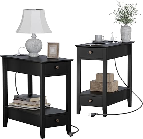 Treocho Mesas auxiliares para sala de estar, juego de 2, mesa auxiliar estrecha con estación de carga, mesa negra para espacios pequeños, sala de