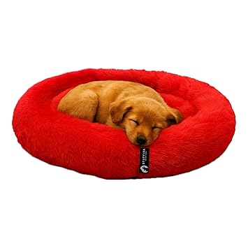 Oval Shaped Faux Fur PET Bed | for Dogs, Kittens and Cats | with Reversible Cushion | Washable Cozy and Comfortable | Small (RED)