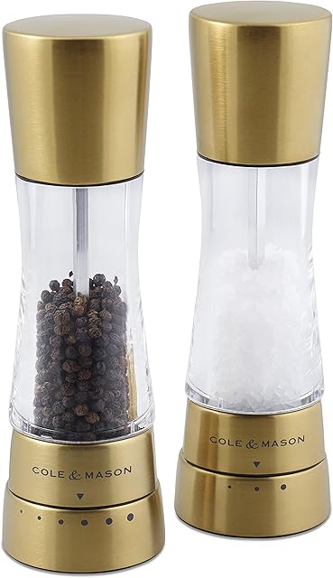 Cole & Mason H332017 Derwent Gold Salt and Pepper Mills | Gourmet Precision+ | Stainless Steel/Acrylic | 190mm | Gift Set | Includes 2 x Salt and Pepper Grinders | Lifetime Mechanism Guarantee
