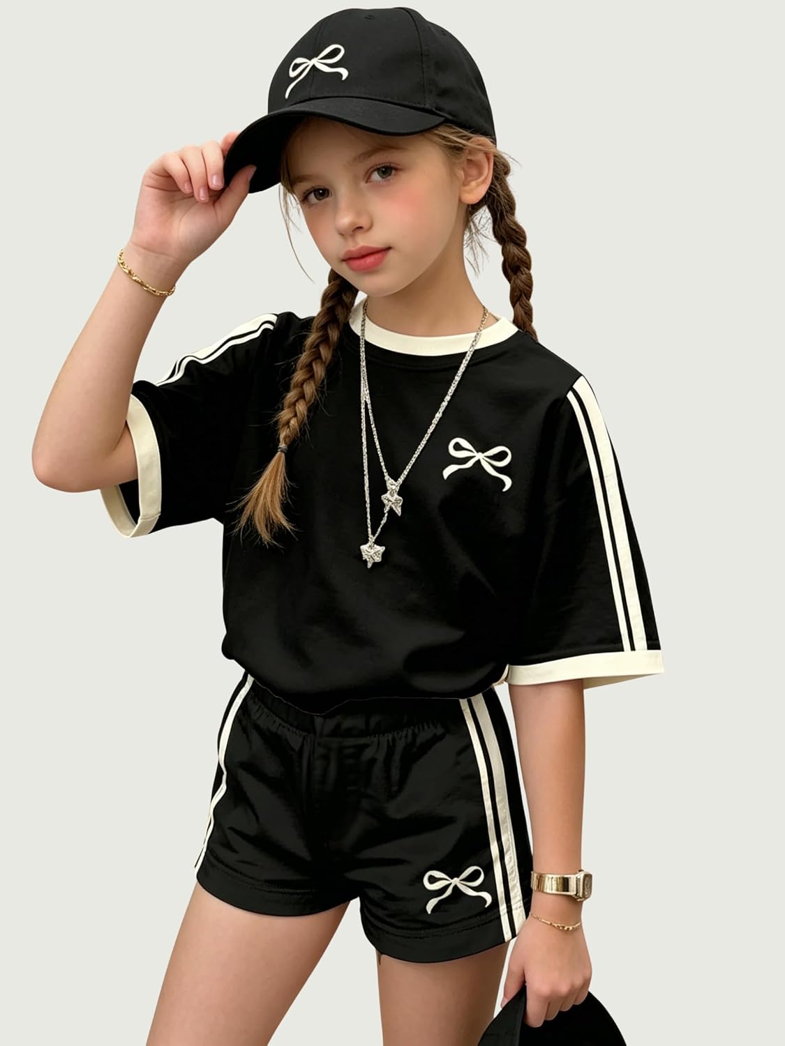 KIDLAGA Girls Shorts Sets 2 Pieces Outfits Bow/Cherry T-Shirt & Plaid Shorts Girls Summer Short Set 6-14Y image 2