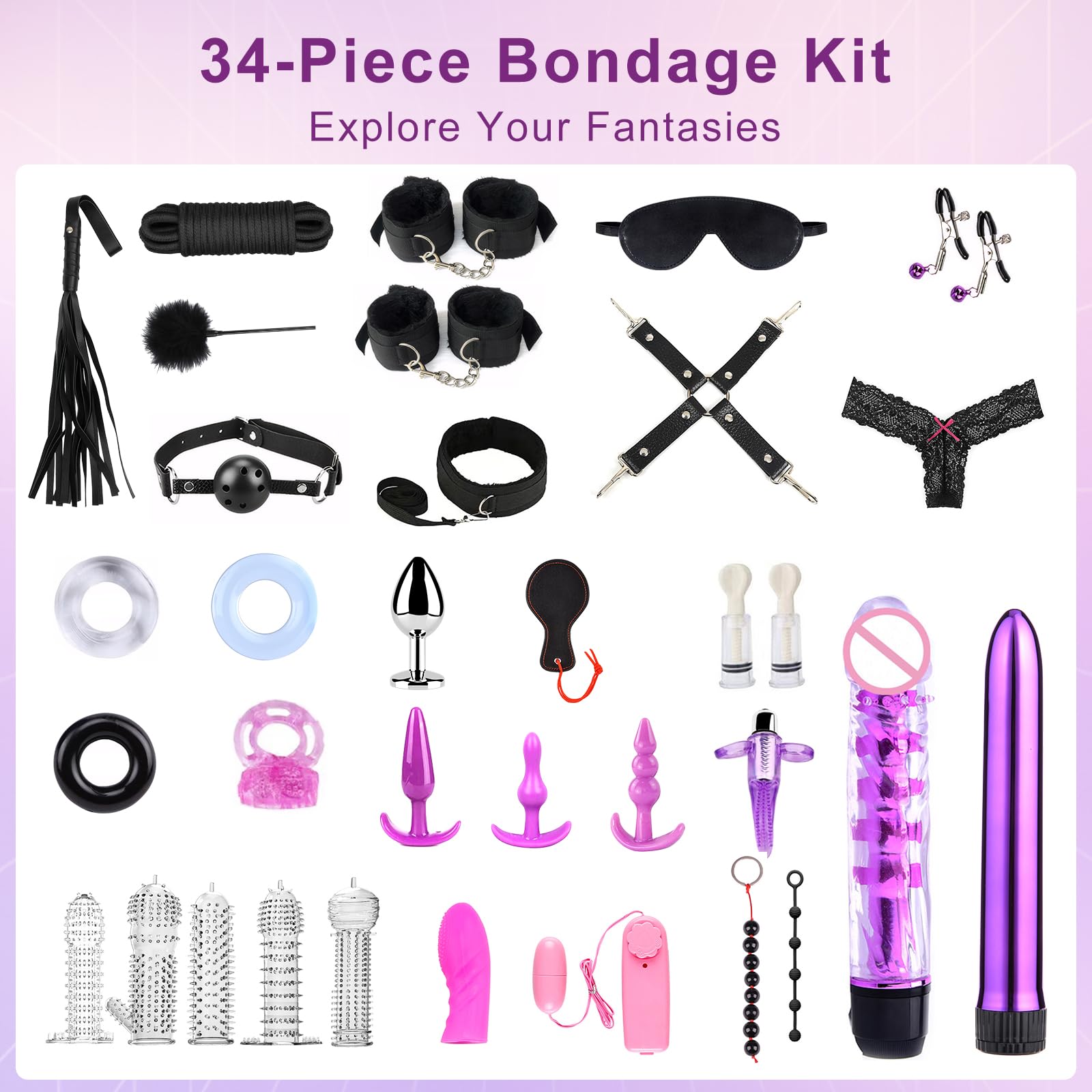 SM kit de bondage Oziral 34 pièces BDSM ensemble de bondage de lit sex toyspour pour couple ensemble bdsms set accessoires femme pour débutants avec ensemble de plug anal pour couples sex Noir