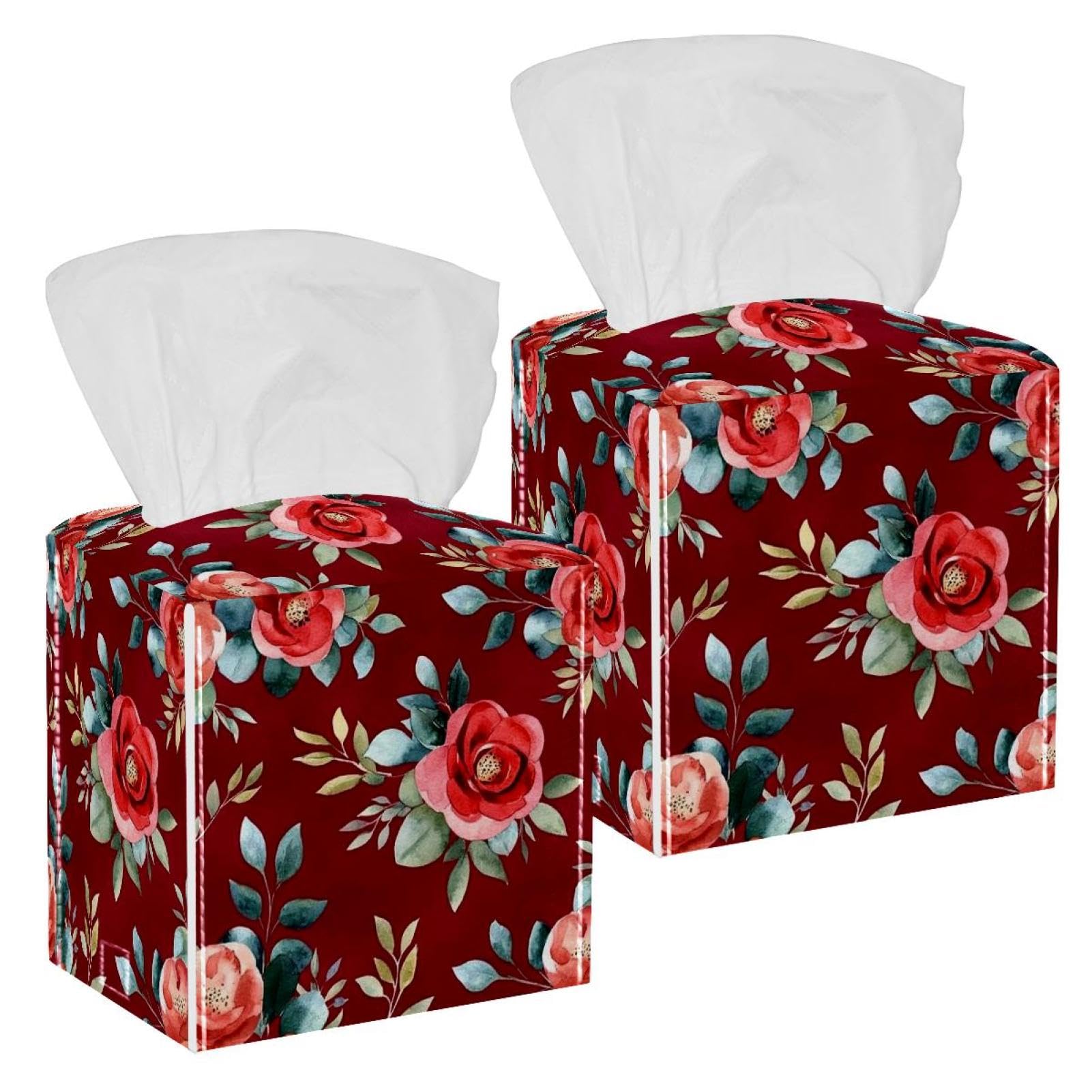 Boîte à mouchoirs en cuir et roses rouges pour table et meuble de salle de bain