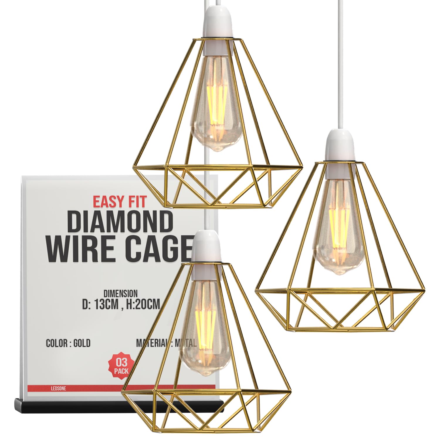 Ledsone Gold 3 Pack 3-Pack Modern Geometric Diamond Pendant Lampshades - Metal Wire Cage, Gold, 14.5X20cm, Ideal For Living Room, Kitchen, Restaurant, Office