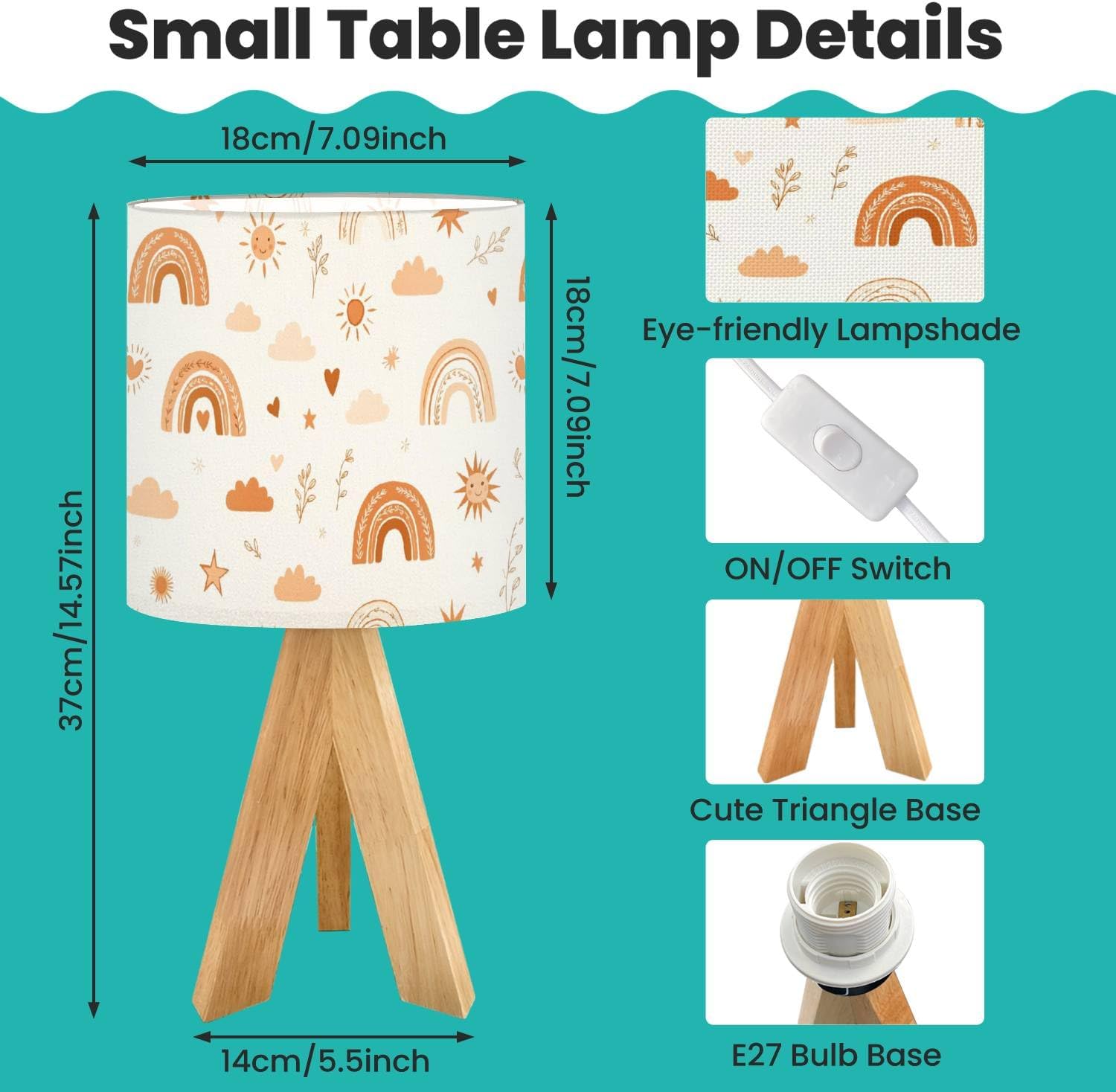 Tripod Bedside Desk Table Lamp Cute Boho Rainbow Seamless Sun Hearts Stars Terracotta Brown Peach for Wood Nightstand Lamp with Linen Fabric Shade for Nursery Bedroom Living Room Kids Room