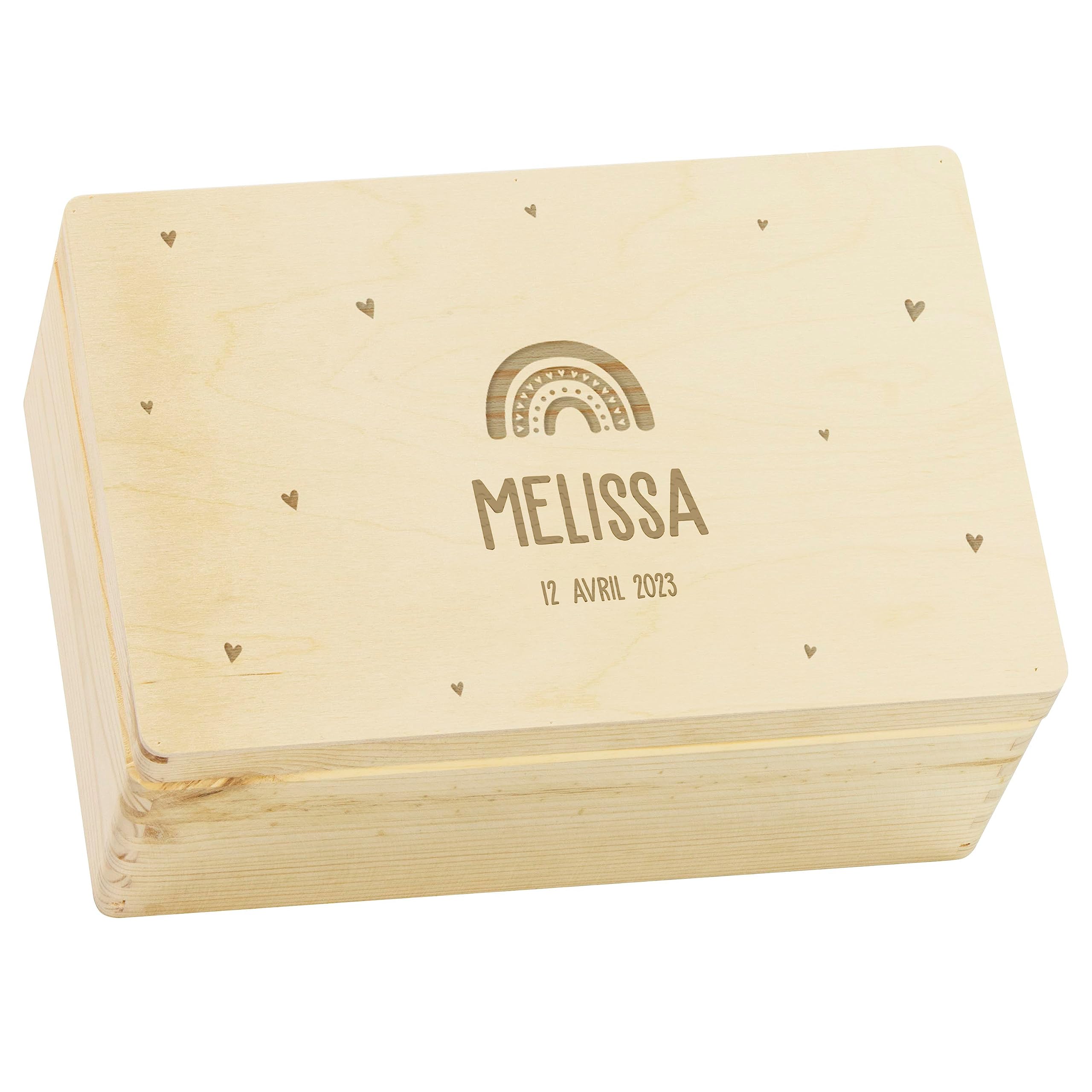 LAUBLUST Boîte à souvenirs bébé personnalisée - Cadeau de naissance avec nom, Arc-en-ciel avec cœurs, tailles S M L XL, bois naturel & blanc FSC