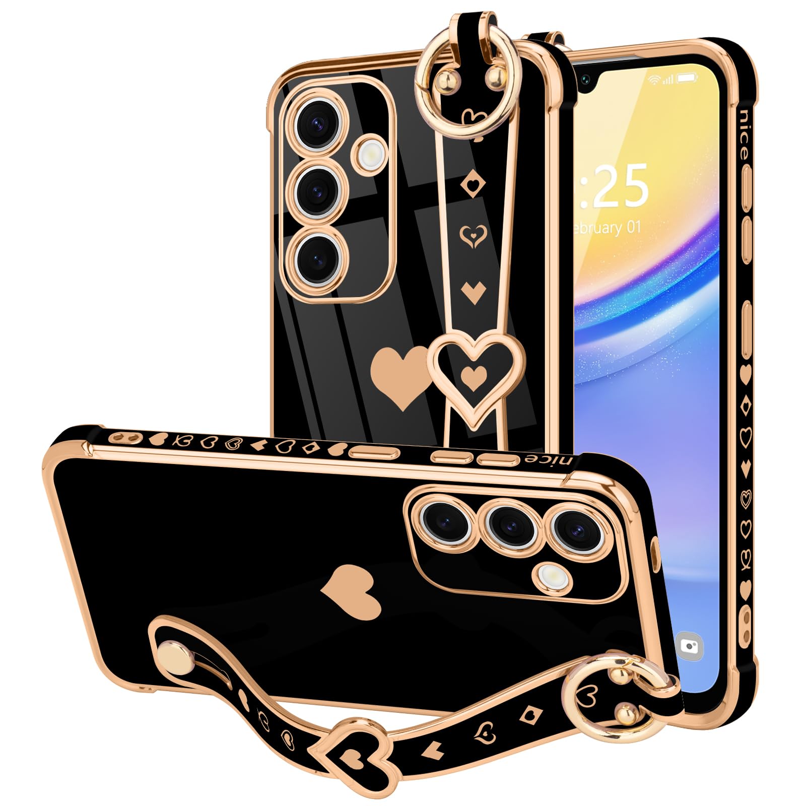 LLZ.COQUE for Samsung Galaxy A15 4G/5G Case Cute Love-Heart Plating Strap Phone Cover for Women Girls Bling Silicone Camera Protection Bumper