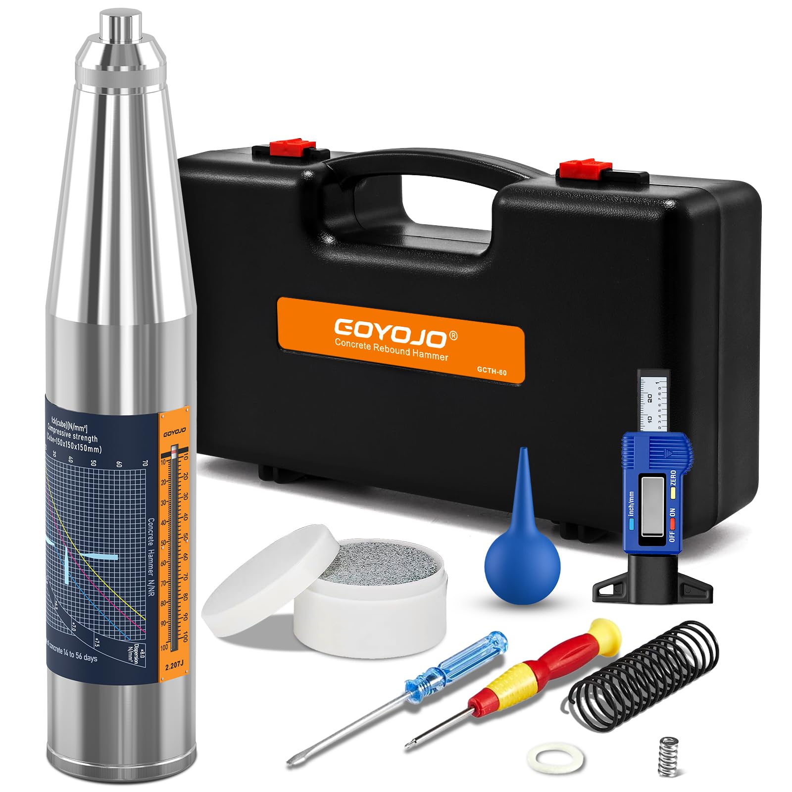 GOYOJO Concrete Rebound Hammer – 10 to 60 MPa (1450–8700 psi) Concrete Strength & Hardness Inspection Tool, Schmidt Resiliometer for Buildings, Bridges & Road Construction, 10-Piece Complete Kit-picture-32