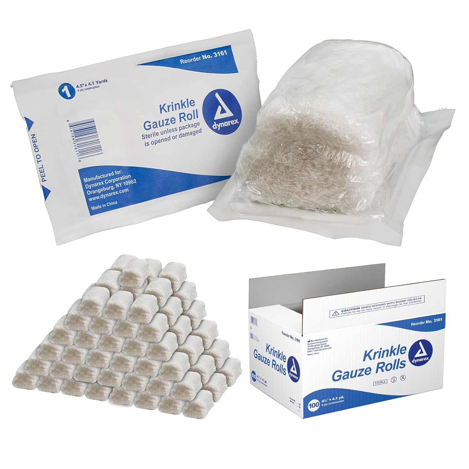 Dynarex Krinkle Sterile Gauze Rolls - Ultra-Absorbent Rolled Bandage Wrap Dressing for Primary Wounds - Wound Care Supplies - 4.5" x 4.1 Yards, 6-ply - 100 per Case