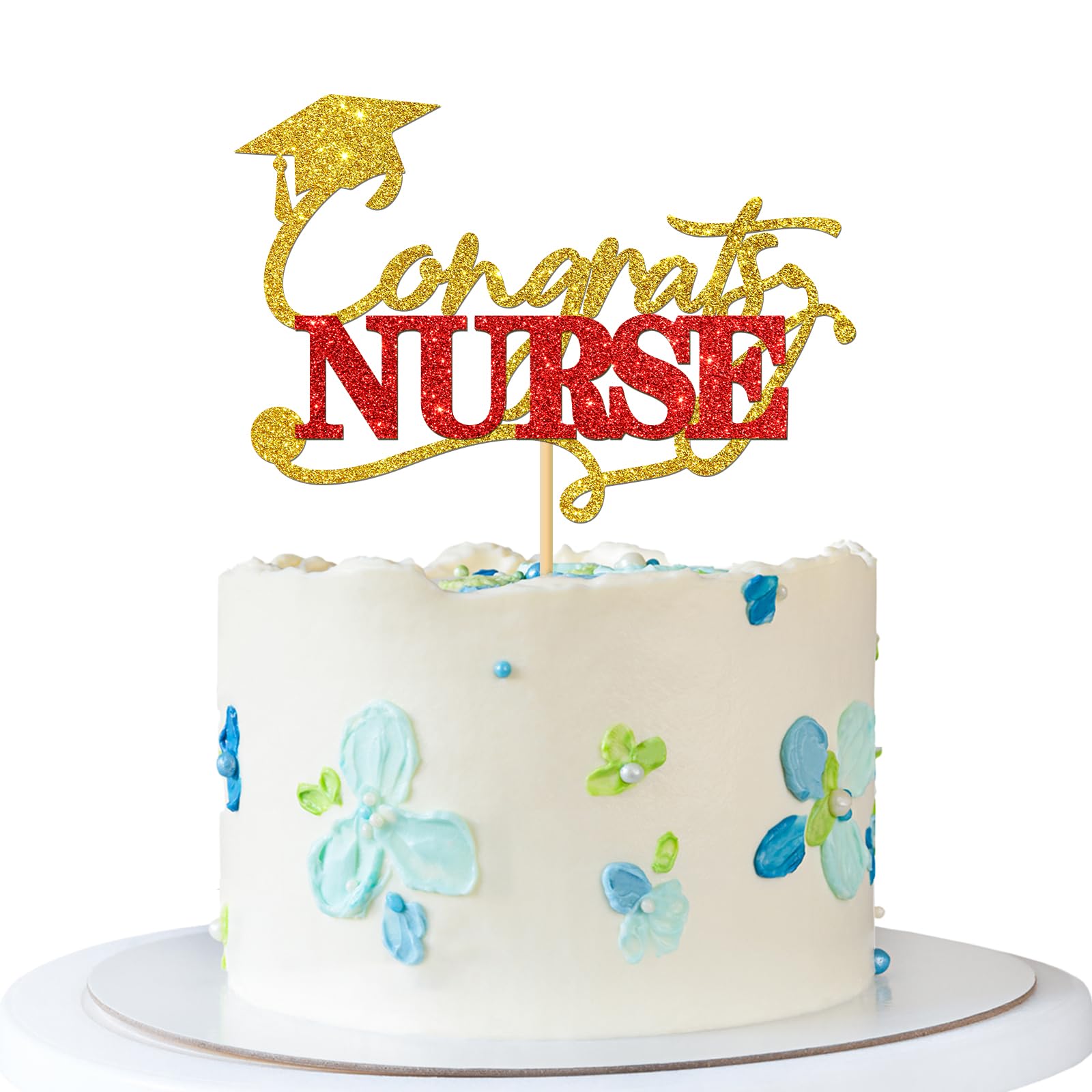 Congrats Nurse Cake Topper - RN BSN Nurse Graduation Cake Supplies - Nursing School Survivor - Medical Graduation Party Decorations - Gold Red Glitter