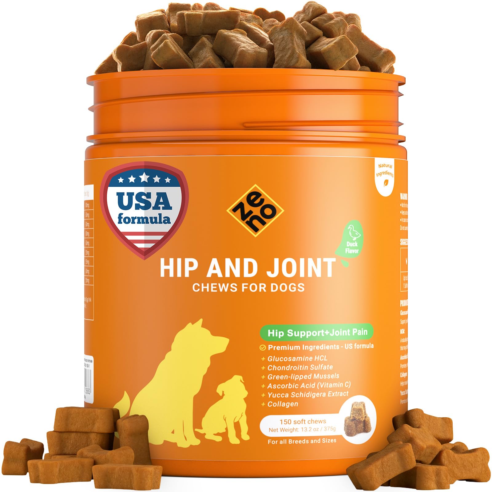 ZENO Glucosamine HCL & Hip and Joint Chews for Dogs - 150 pcs - Advanced Hip and Joint Support for dogs - With MSM & Green Lipped Mussel - Duck