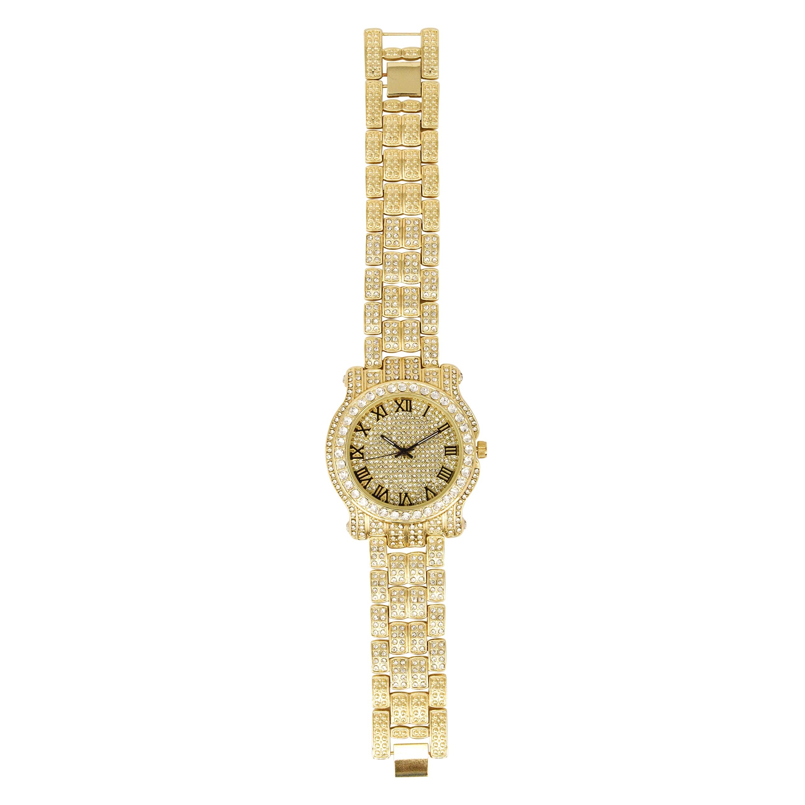 Charles Raymond Bling-ed Out Round Orologio da uomo di lusso con bracciale cubano Bling-ed Out e set di anelli re ghiacciati - L0504 BR 3 pezzi Set