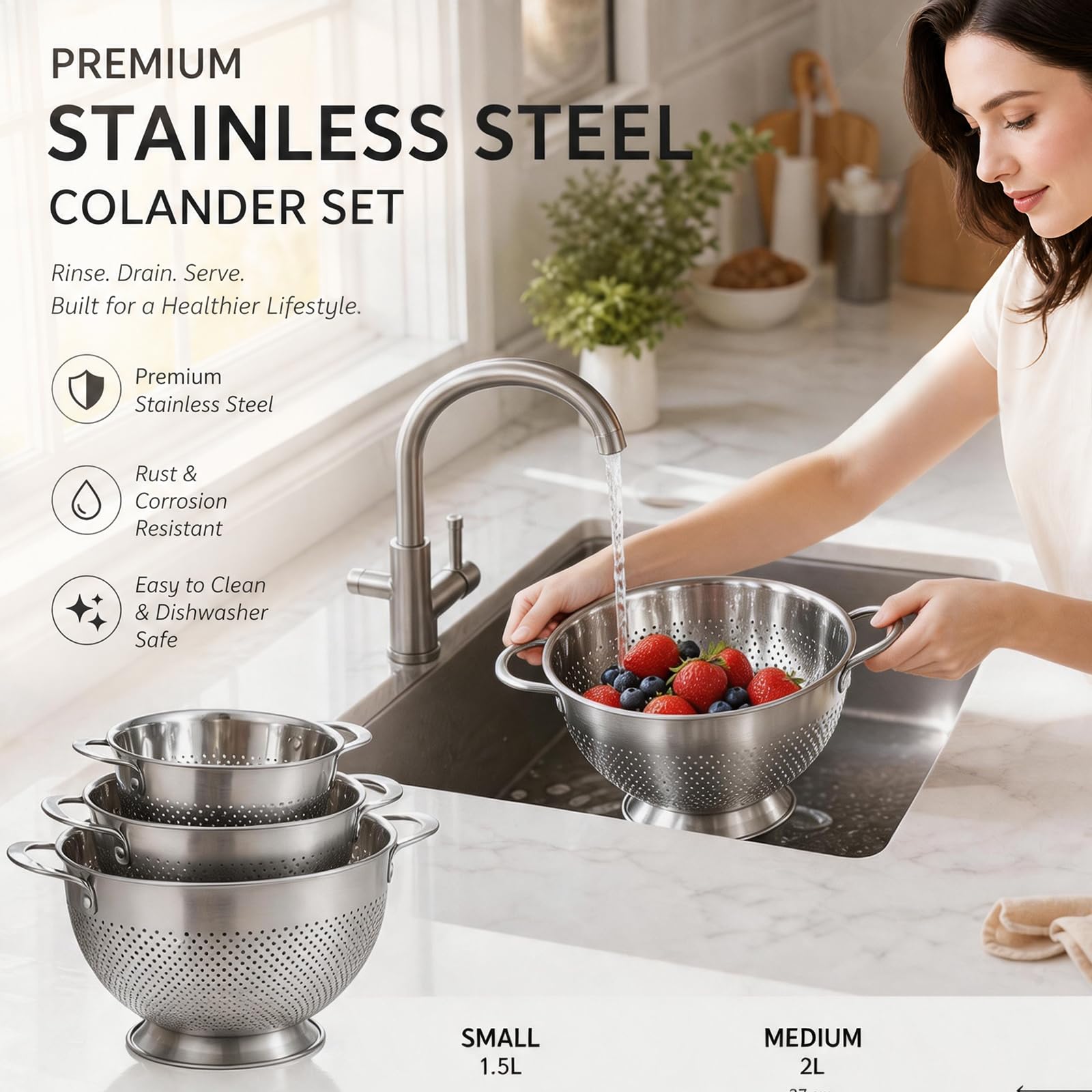 Set di 3 colini da cucina in acciaio inox, con manico e base