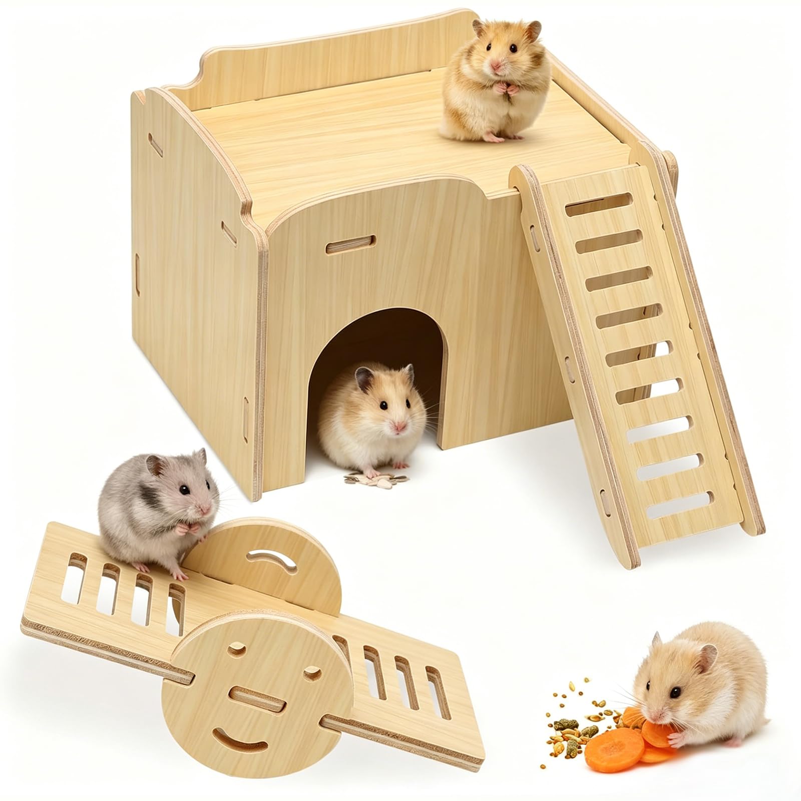 HANXIANG Wooden Hamster House, Hamster Hide with Platform and Seesaw, Chew-resistant Gnawing & Sliding Play Platform, Miniature Syrian Dwarf Hamsters Gerbils, Tool-Free for Busy Pet Owners