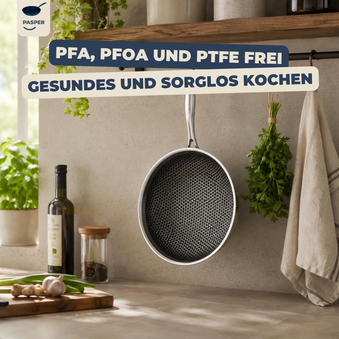 Pasper Patelnia wok Ø 28 cm – nie zawiera PFAS – indukcja, elektryczna, ceramiczna, gazowa i piekarnik – patelnia ze stali nierdzewnej z odporną na zarysowania powłoką zapobiegającą przywieraniu o