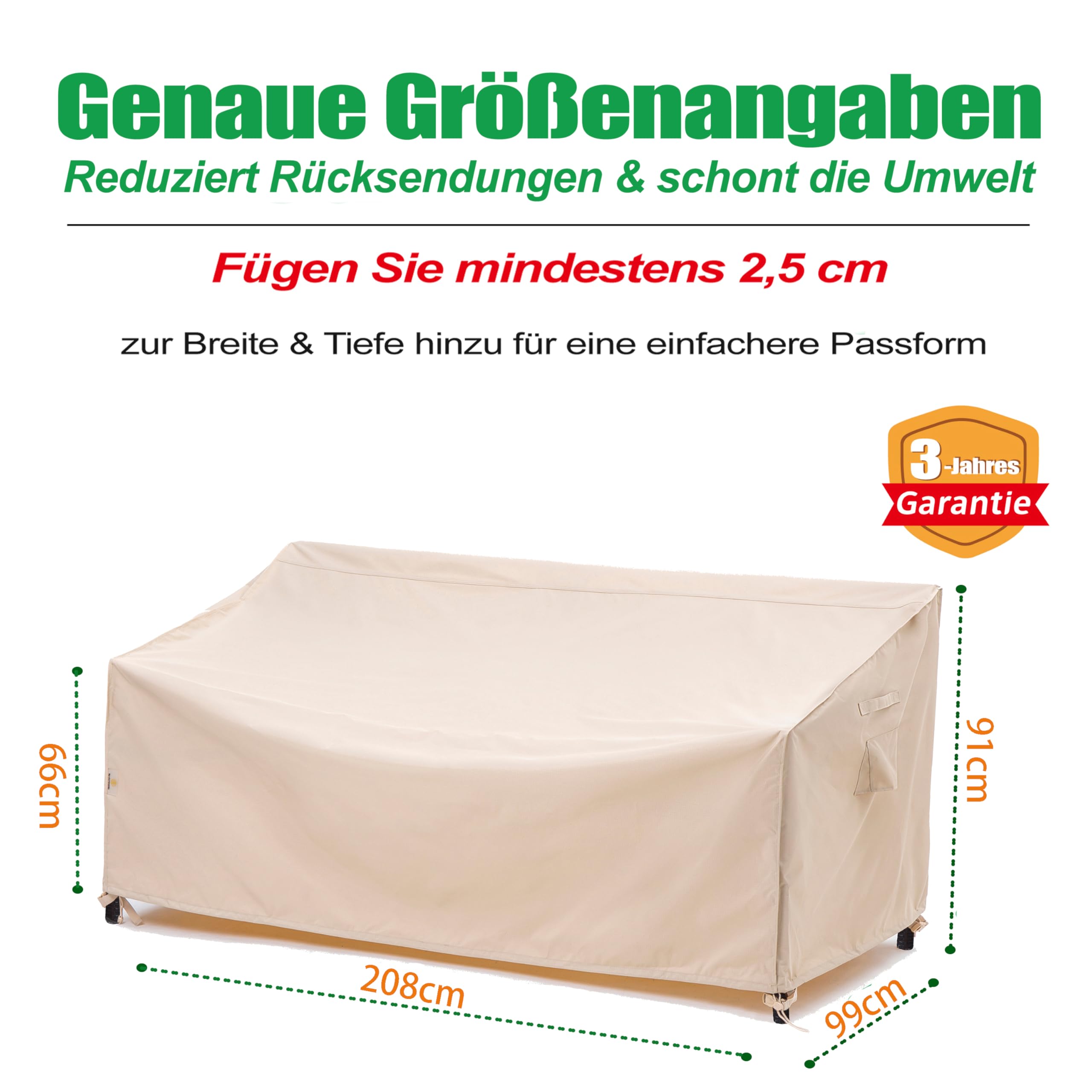 F&J Outdoors Gartensofa Abdeckung Wasserdicht 208x99x66/91cm Patio Abdeckungen für Outdoor-Möbel Gartenbank Abdeckungen 3-4 Sitzer Beige Heavy Duty Stuhl Abdeckung Rainproof Fabric Sofa Protector