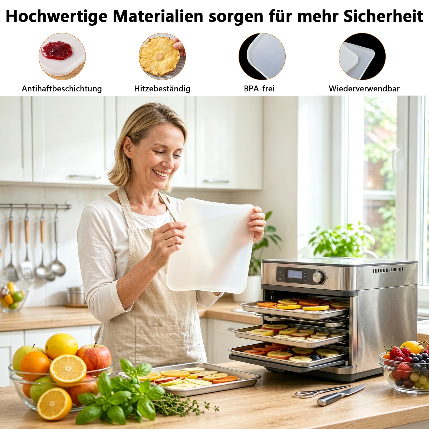 8er Silikon Dörrfolie & 8er Mesh Dörrnetz Set, Antihaft Dehydrator-Blätter mit Rand, BPA-Frei & Wiederverwendbar, Fruchtleder Matte für Dörrautomat, Flüssigkeiten, Kräuter, Fleisch, 28x28 cm