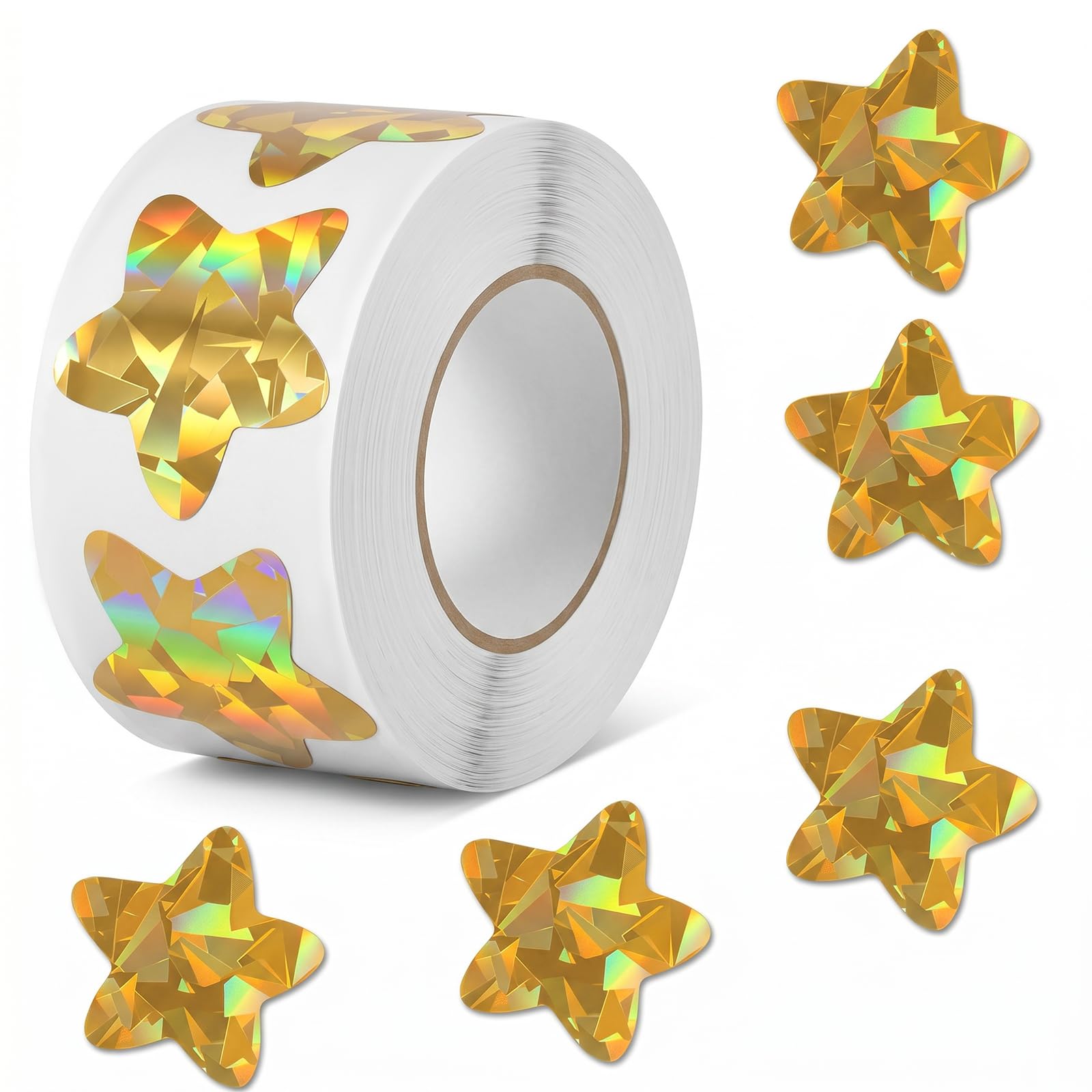 Gold Star Stickers, 500Pcs Holographic Gold Star Stickers for Kids Reward Metallic Glitter Potty Training Sticker Self Adhesive Children Reward Roll Sticker for Home School Classroom Teacher (1 in)