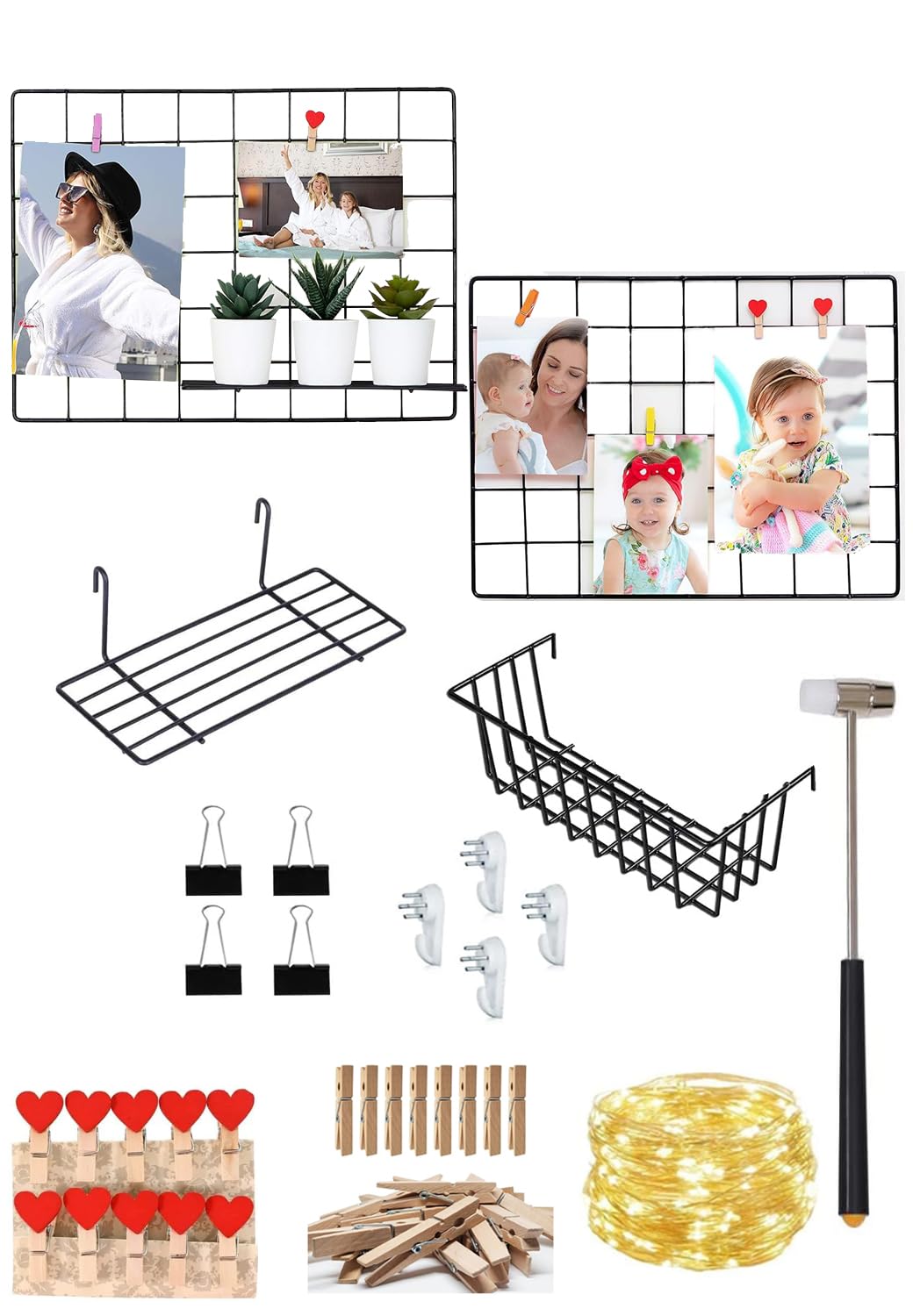 LSARIMO 2 Pack Wall Decoration Photo Grid Frame Multifunction Hanging Display and Stainless Steel Storage Organizer with Light; Clips; Basket Set of Full (17.5 x 13 Inch) (Photo Grid Full Kit)