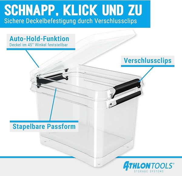 ATHLON TOOLS 4er Set 60l Aufbewahrungsboxen mit Deckel - BPA-freie & lebensmittelechte Aufbewahrungsbox mit Verschlussclips - 100% Neumaterial - Plastikbox transparent - Stapelbare Kunstoff Box - 5