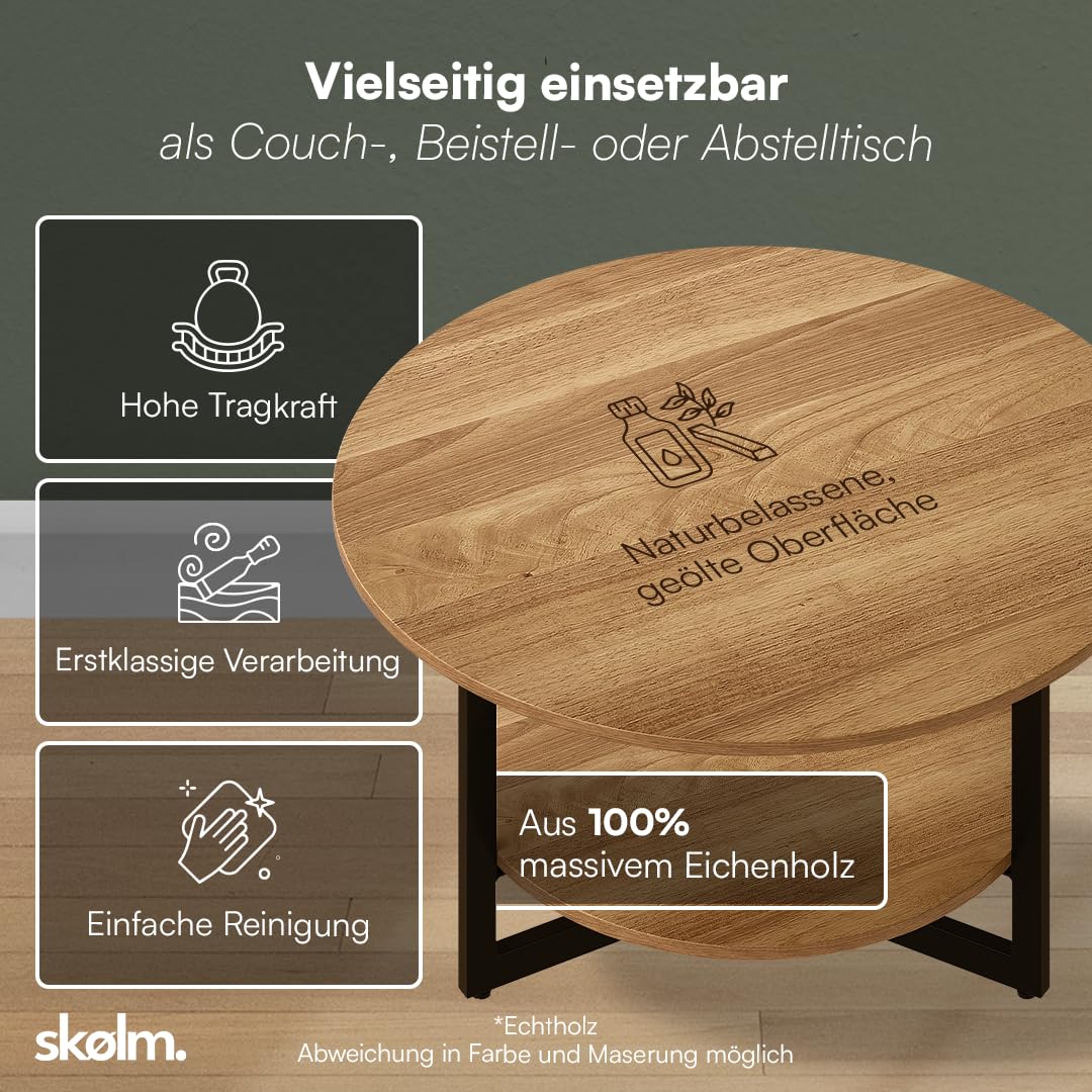 skølm Drakkar Couchtisch rund Ø70 cm – Wohnzimmertisch aus Massivholz Eiche & Metallgestell – Sofatisch mit 2 Ablagen – Kleiner Beistelltisch geölt – Holztisch Wohnzimmer mit Stauraum – Coffee Table
