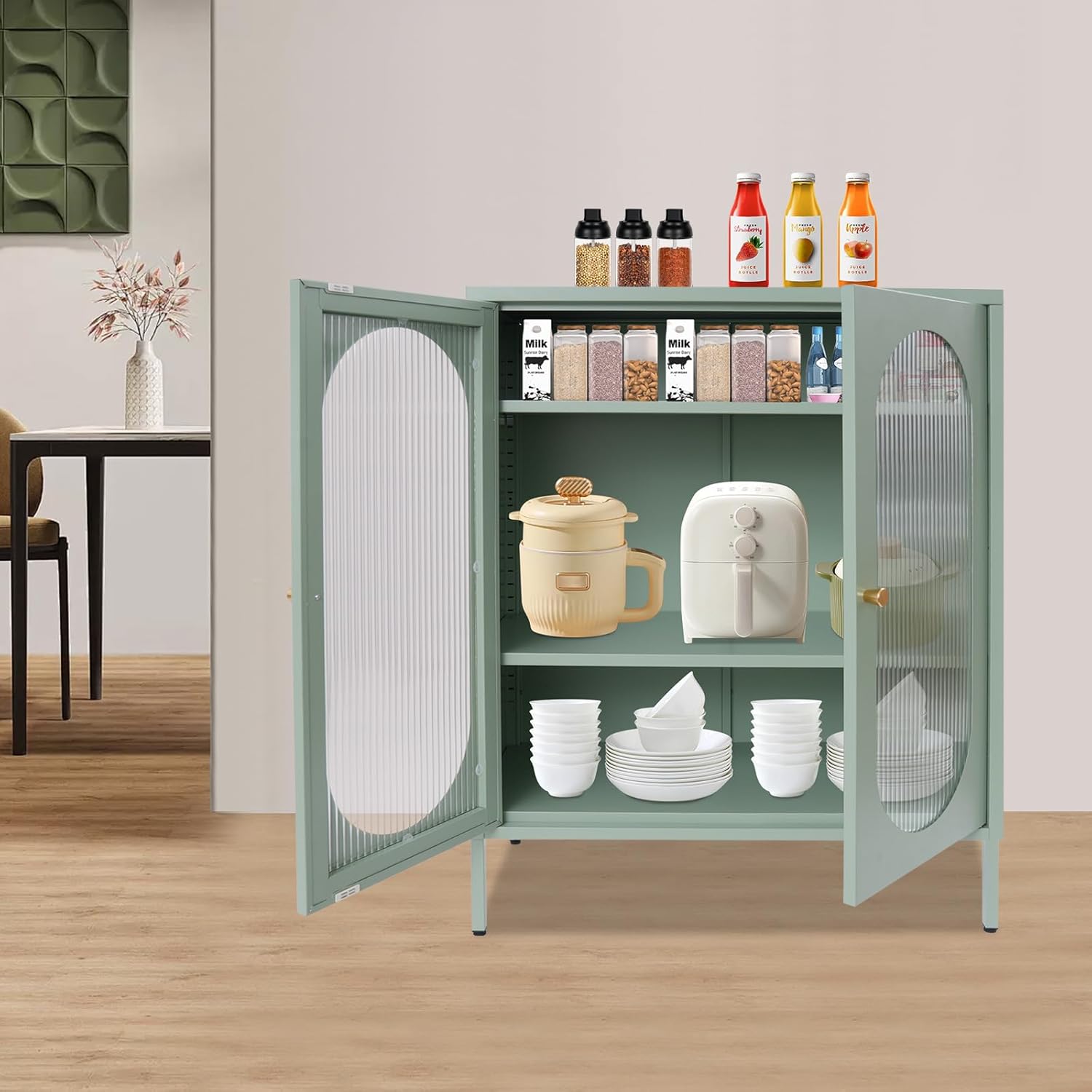 3 Tiers Sideboard Buffet Cabinet Modern Coffee Bar Station Pantry Cupboard Accent Cabinet with Glass Doors for Kitchen Dining Room Living Room, 31.5x15.8x40in (Green)