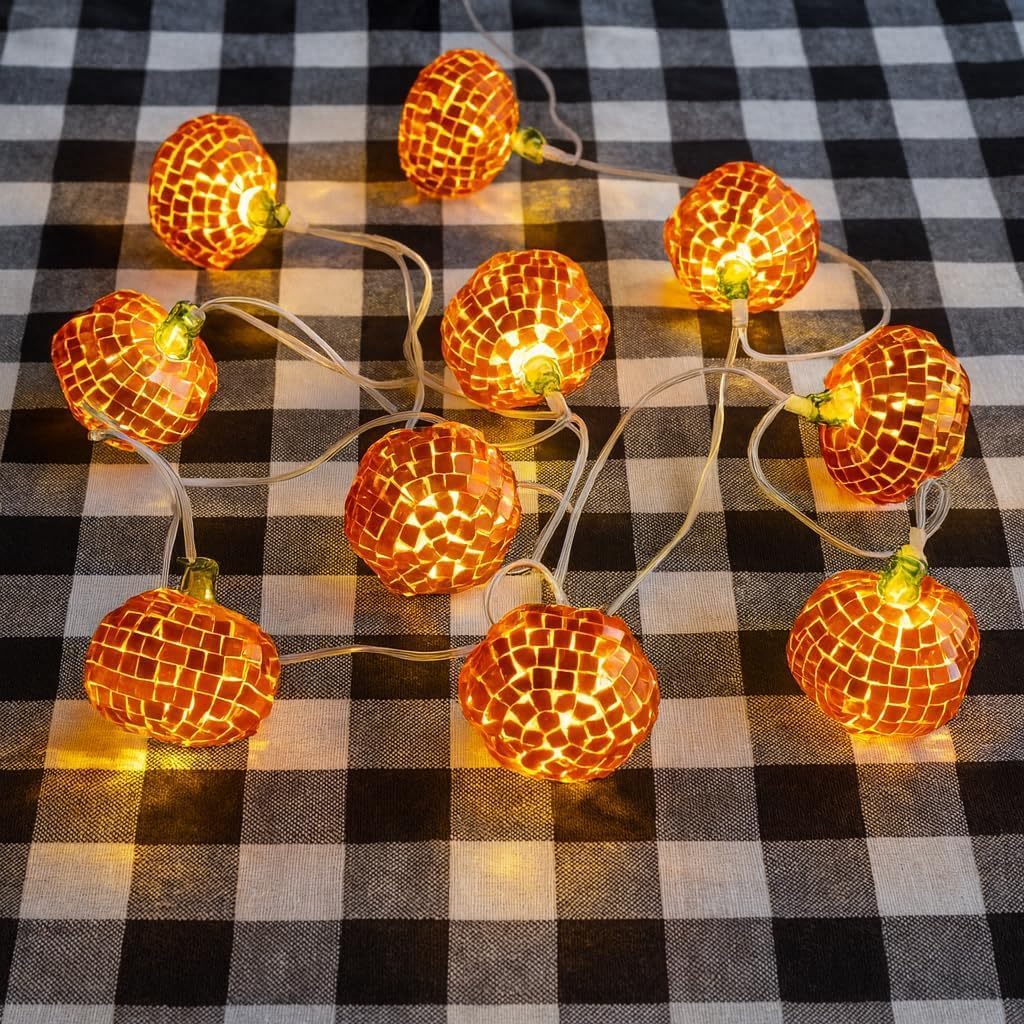 Talking Tables Pumpkin Disco Ball Indoor Halloween LED String Lights Warm Glow Fun Autumnal Decorations Gourd Fairy Light Birthday NYE Party Christmas Home Décor Batteries not Included 1.6m