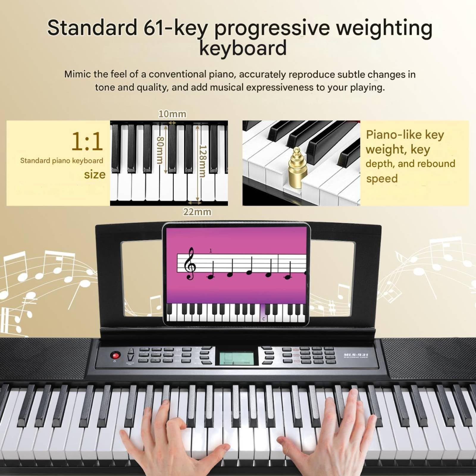 Pianoforte Digitale 61 Tasti Pesati, Tastiera Musicale per Principianti, Tastiera Pianoforte Leggero e Portatile, con 300 Suoni, Altoparlanti, USB MIDI, Schermo LCD, Metronomo, Presa per Cuffie