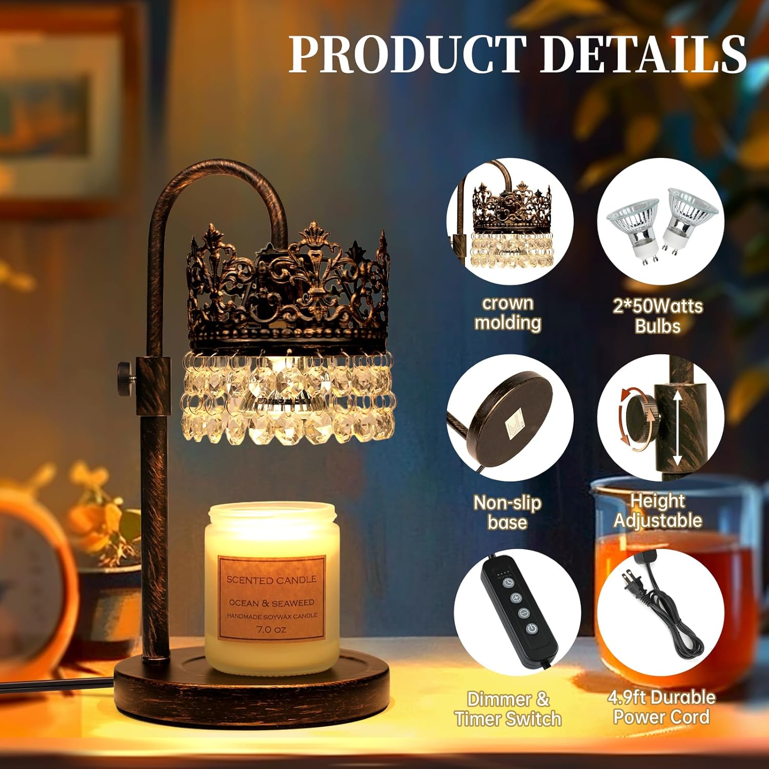 Candle Warmer Lamp with Timer Dimmer Adjustable Height with 2 Bulbs Crystal Candle Lamp Elegant Home Decor for Valentine's Day Gift Wax Melt Warmers for Women Birthday Gift (Black Gold Brushed)