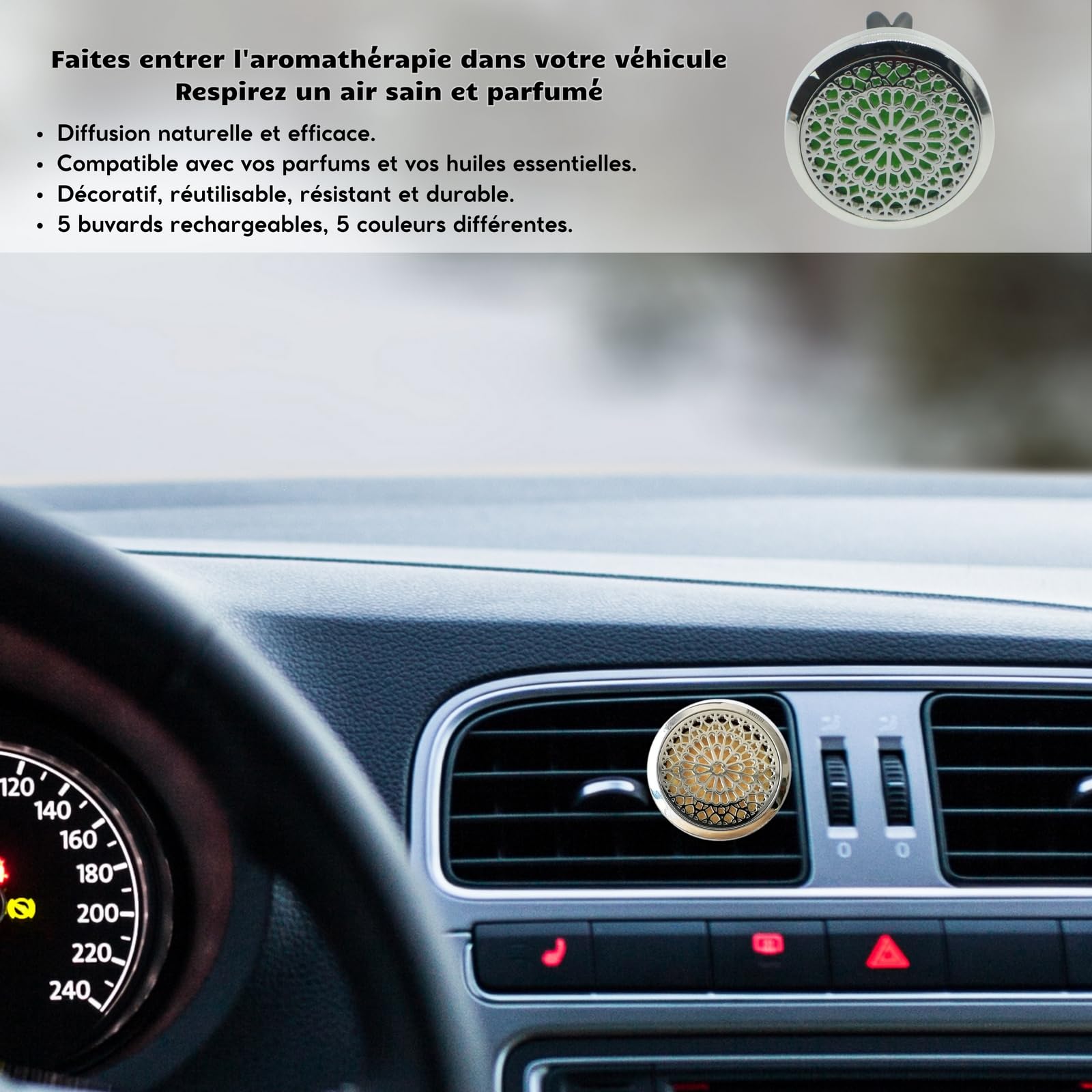 Zen'Aromat samochodowy dyfuzor zapachowy, odświeżacz powietrza do perfum i olejków eterycznych, stal nierdzewna, klips na kratkę wentylacji, wzór róży + 5 brylantów wielokrotnego użytku