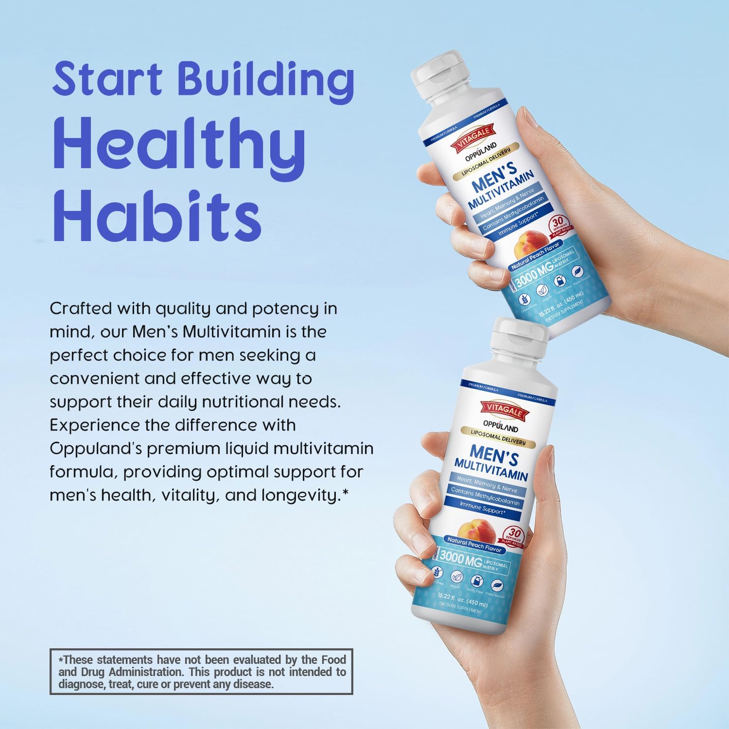 Men's Multivitamin - Liquid Supplement - Liposomal Delivery - Daily Multi Vitamin with Biotin B Complex Omega-3 - Hair & Nail Support Vitamin - Peach Flavor - 3000 mg per Serving - 450 mL