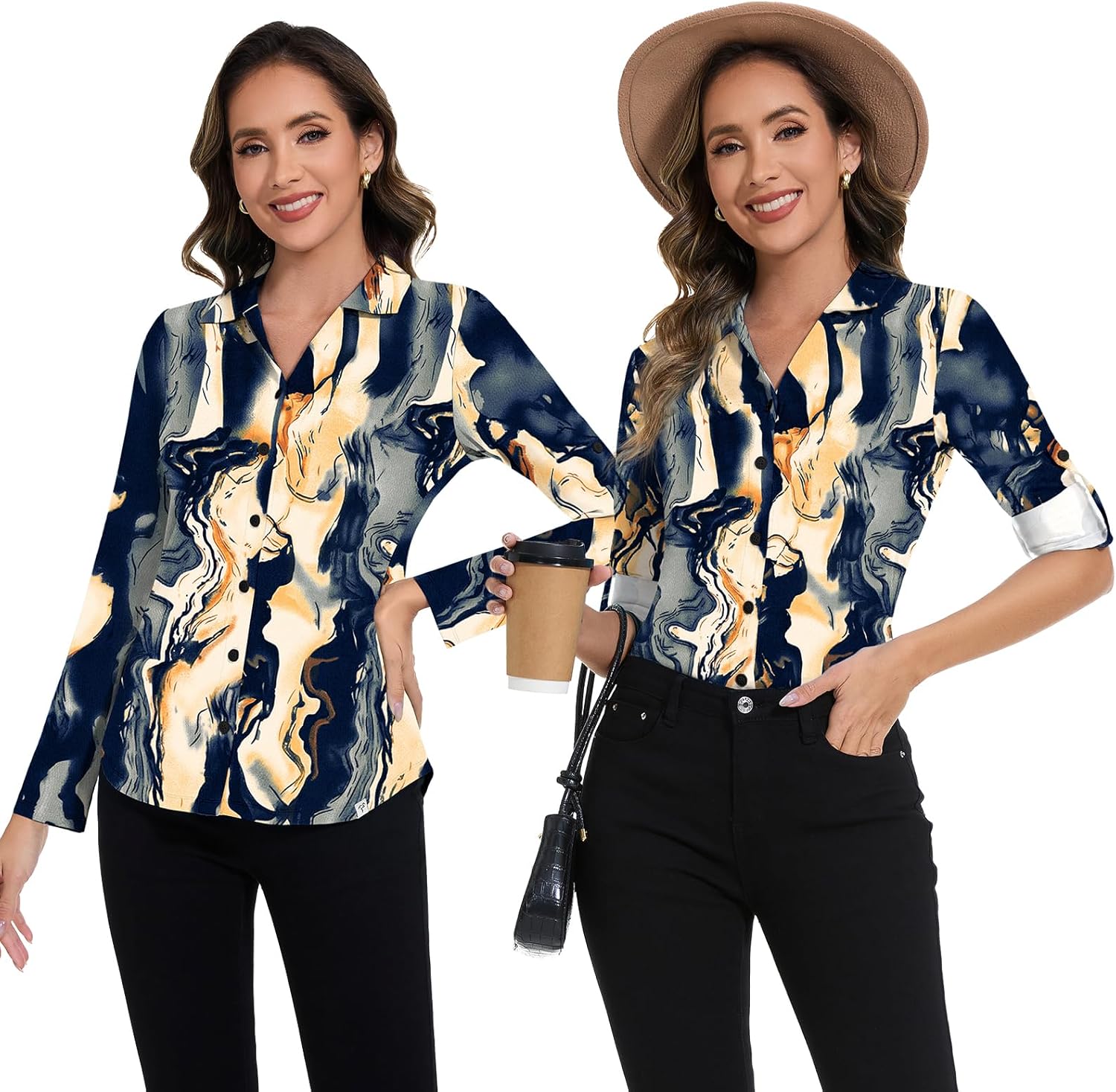 Soneven Women's 3/4 Sleeve Golf Polo Shirts V Neck Ruffle Sleeve Dressy Tops Casual Work Tunic Blouses - Image 5