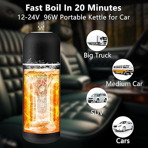 Miniatura 5 de Hervidor eléctrico portátil de viaje de 12 V24 V, 14.2 fl oz y 304 de acero inoxidable con inducción magnética incorporada, temperatura de agitación