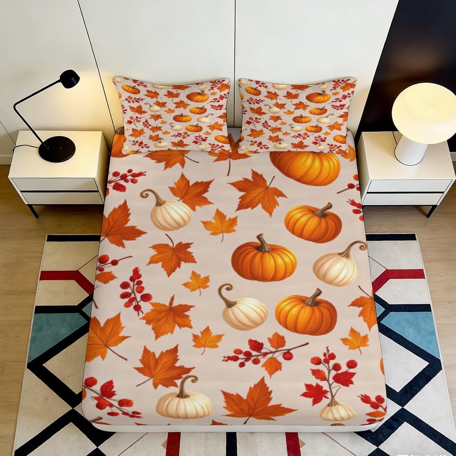 3D Printed Pumpkin Leaf Fitted Sheet Microfiber Deep Pocket Non-Slip Bedroom Bedding Autumn Mattress Fitted Cover 180x200x25cm
