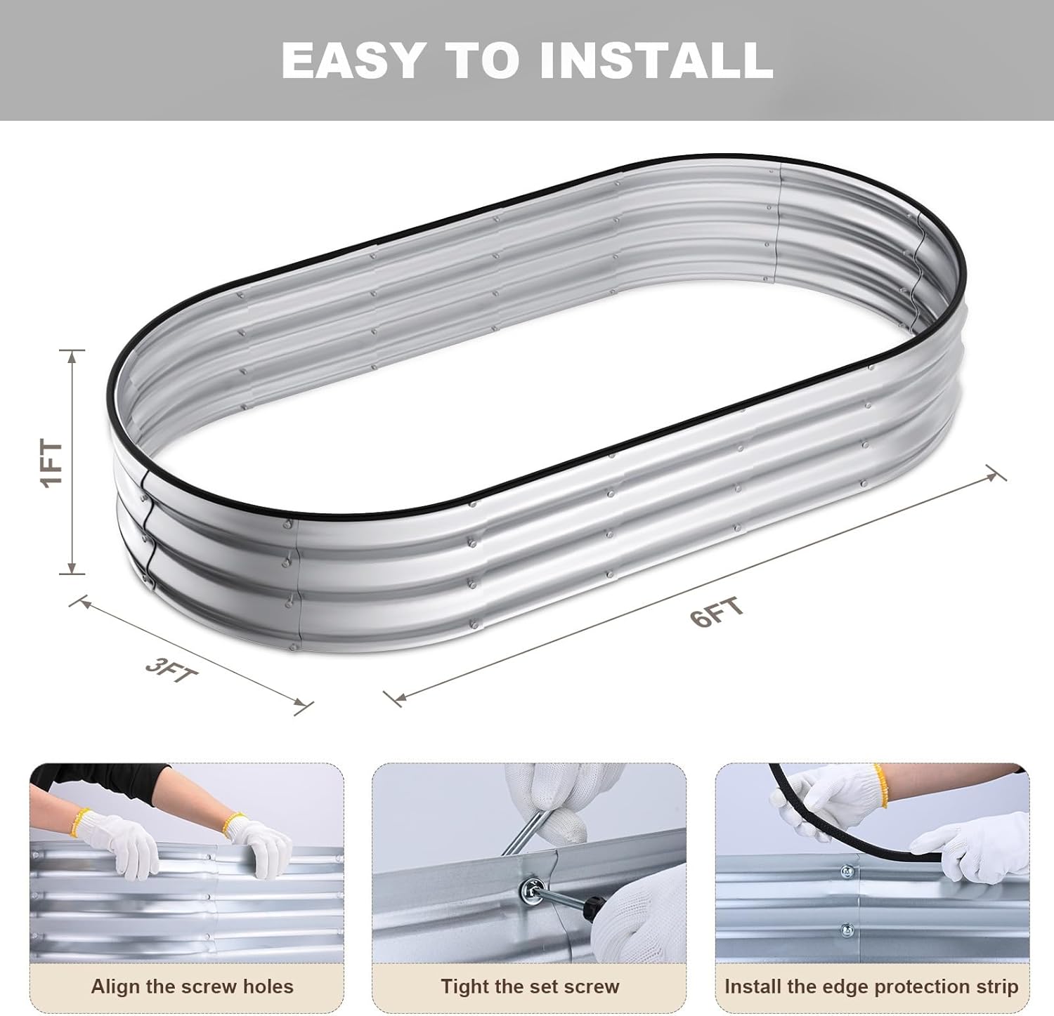 Raised Garden Bed, 6x3x1ft Galvanized Outdoor Planter Beds with Safety Edging and Gloves, Oval Metal Planter Box for Gardening Vegetables Flowers Herb-Silver