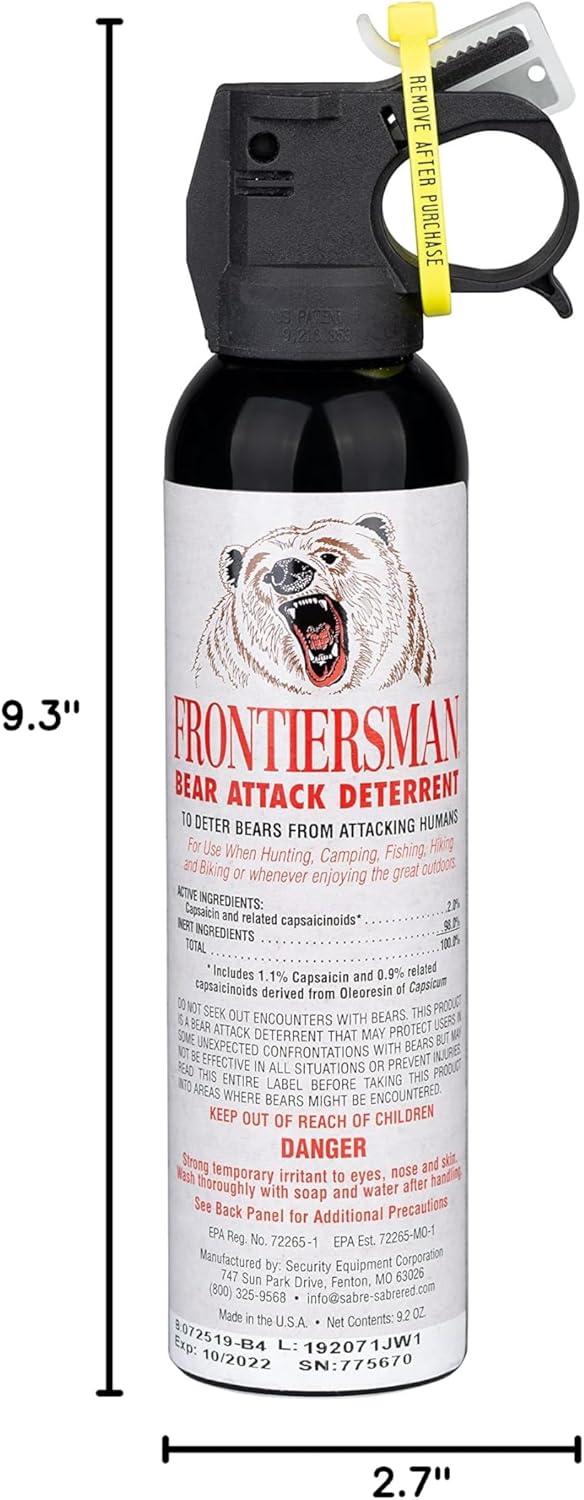 SABRE Frontiersman 9.2 fl oz. Bear Spray, Maximum Strength 2.0% Major Capsaicinoids, Powerful 35 ft. Range Bear Deterrent, Outdoor Camping & Hiking Protection, Quick Draw Holster & Multipack Options