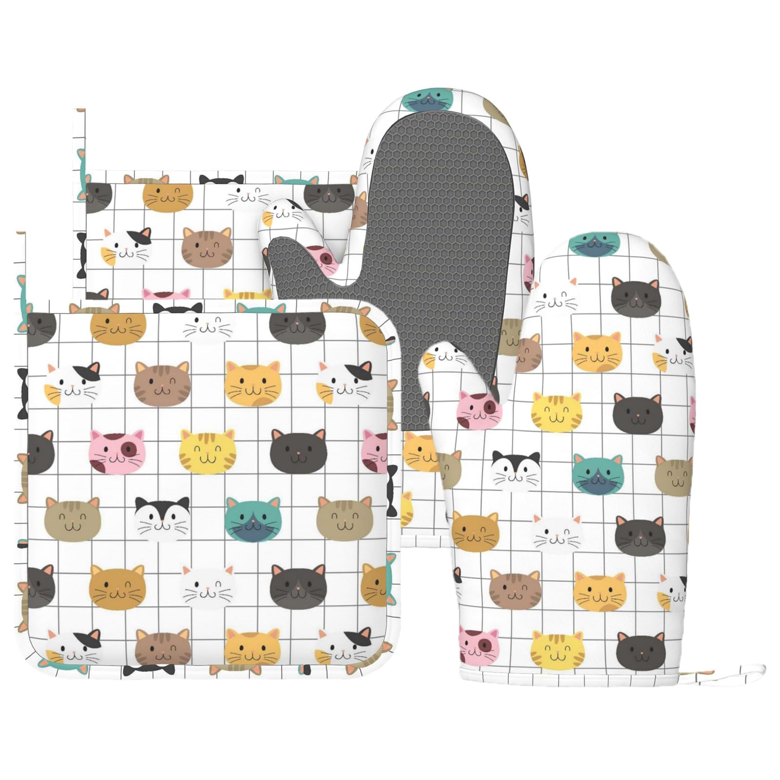 Lot de 4 maniques et maniques en forme de chats mignons - Motif animaux colorés - Résistants à la chaleur - Rustiques - Pour cuisine, pâtisserie, grillades, barbecue