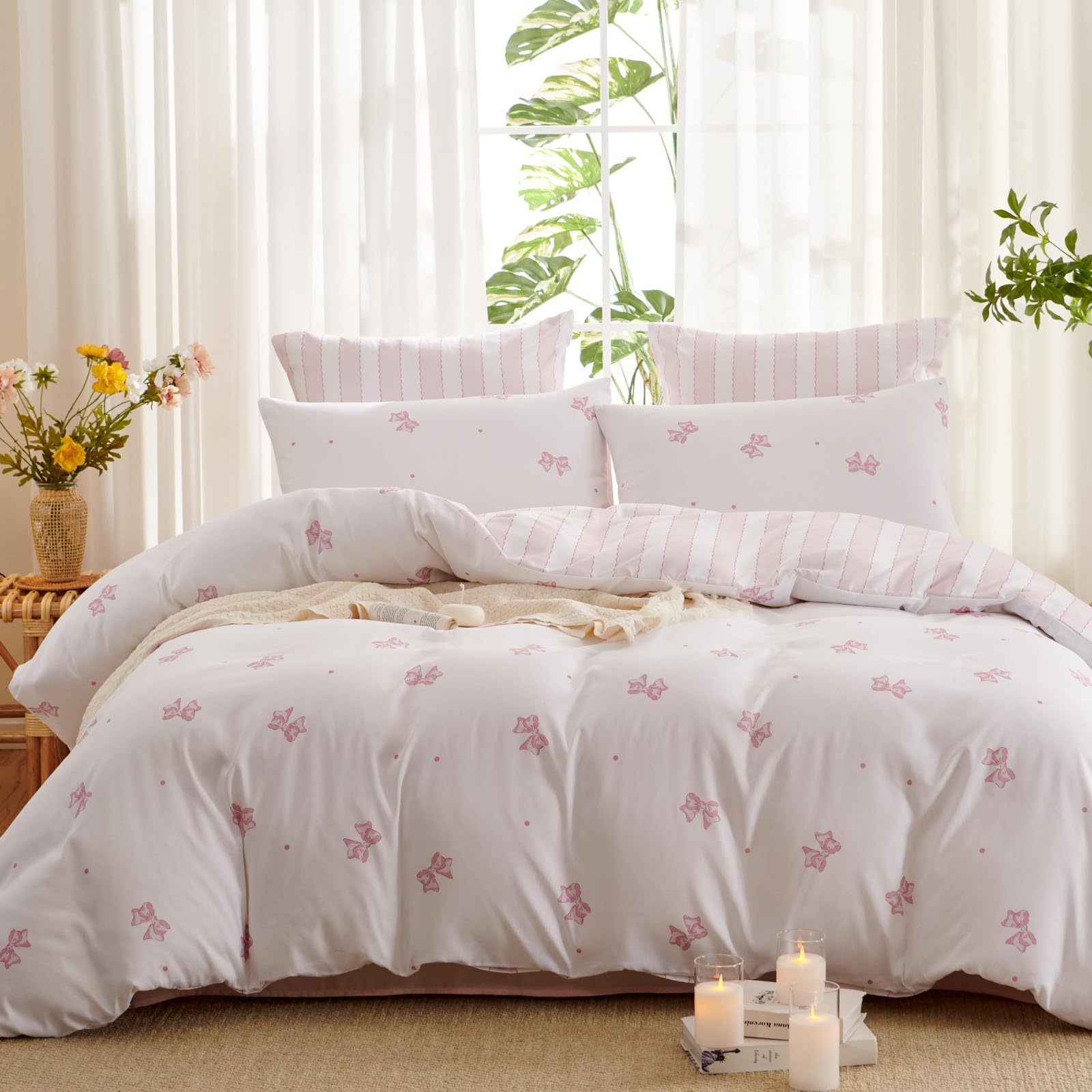 Freyamy Blumen Bettwäsche 135x200cm 2teilig Grün Weiß Blätter Pflanzen Wendebettwäsche Floral Mädchen Bettwaren-Sets 100% Microfaser Bettbezug mit Reißverschluss und Kissenbezug 80x80cm
